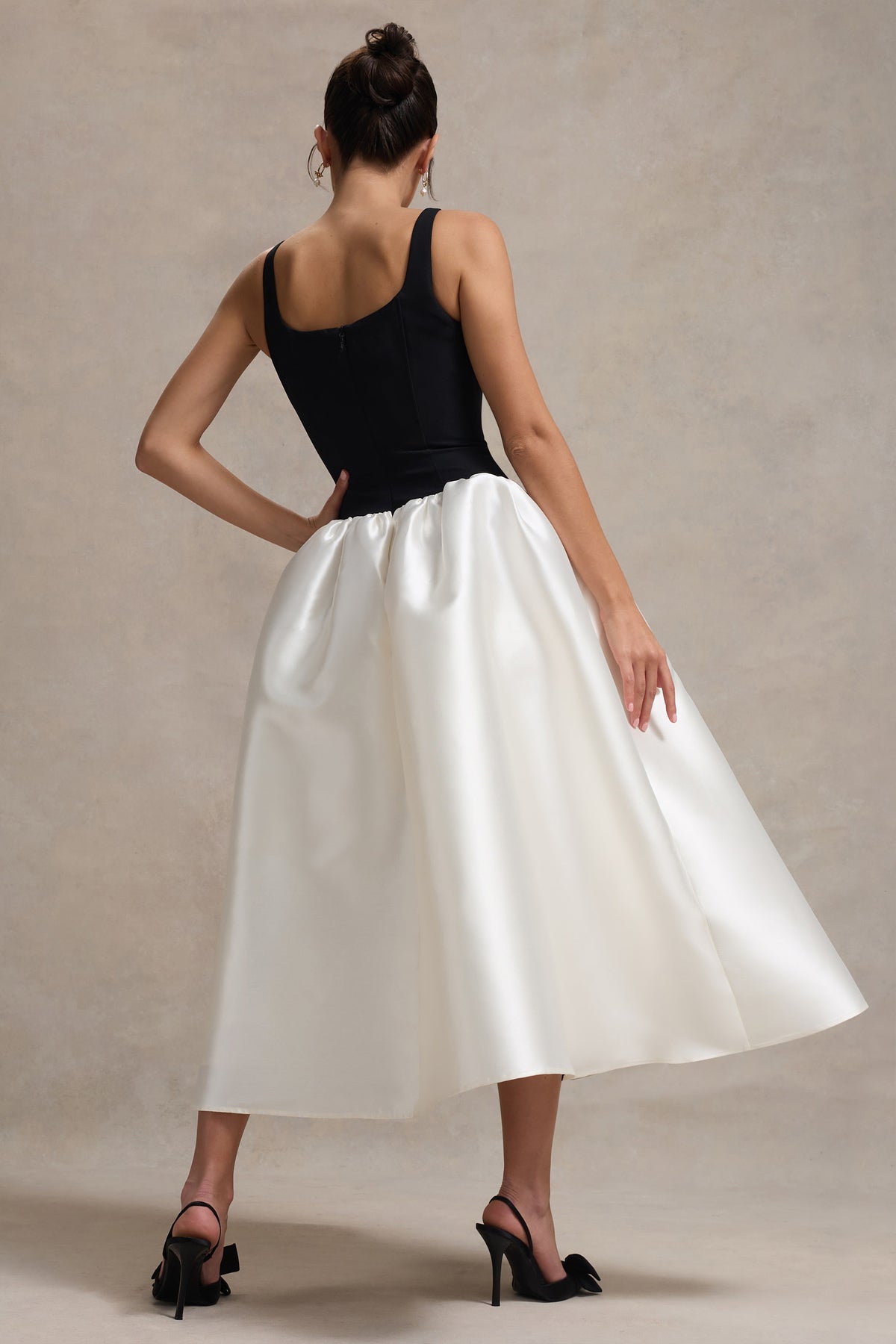 Christie | Black and Cream Scoop-Neck Midi Dress With Volume Skirt - Club L 