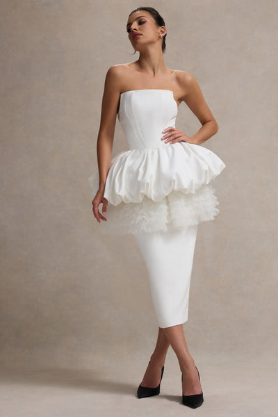 strapless open back dress Jones White Strapless Midi Dress With Tulle Peplum Waist – Club L London