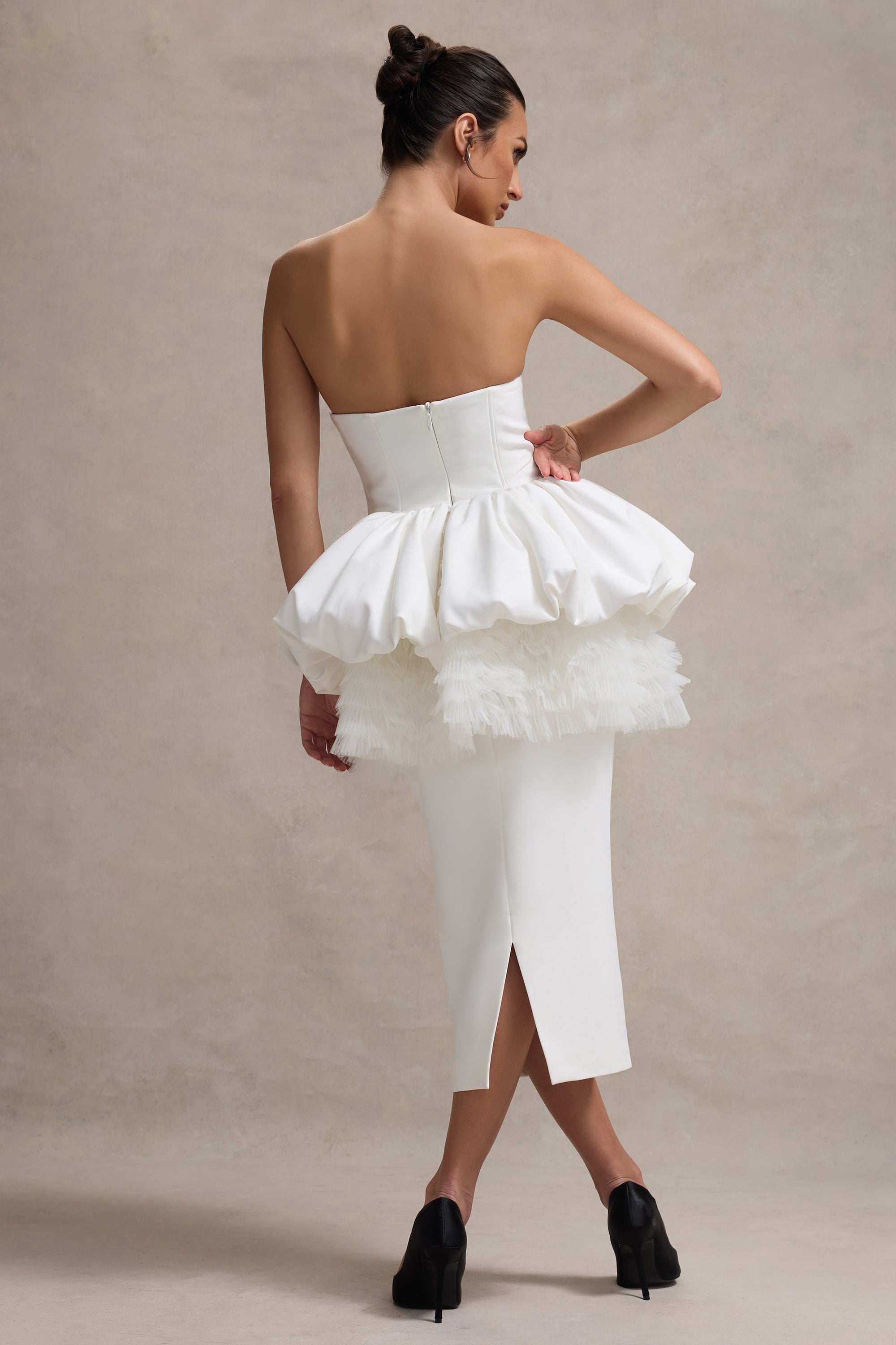 Jones | White Strapless Midi Dress With Tulle Peplum Waist - Club L 