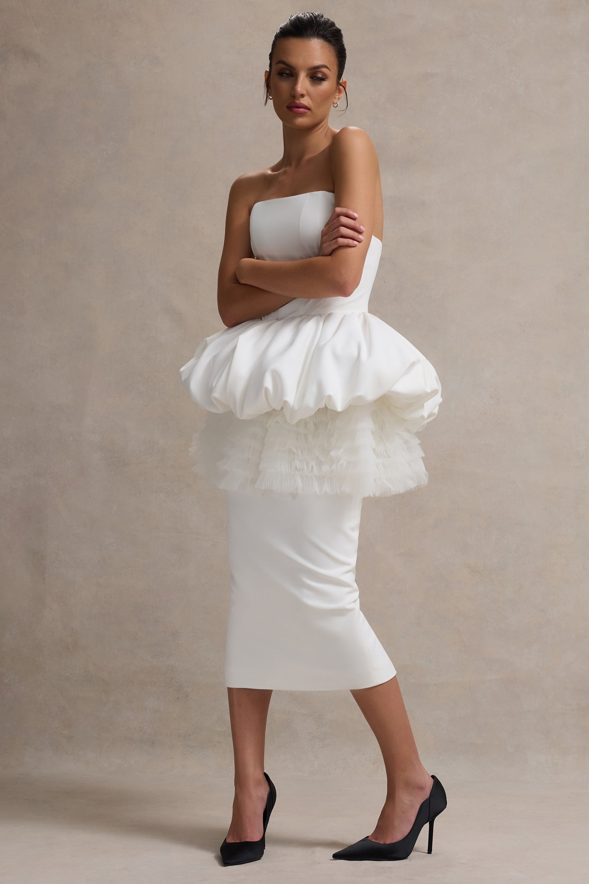Jones | White Strapless Midi Dress With Tulle Peplum Waist - Club L 