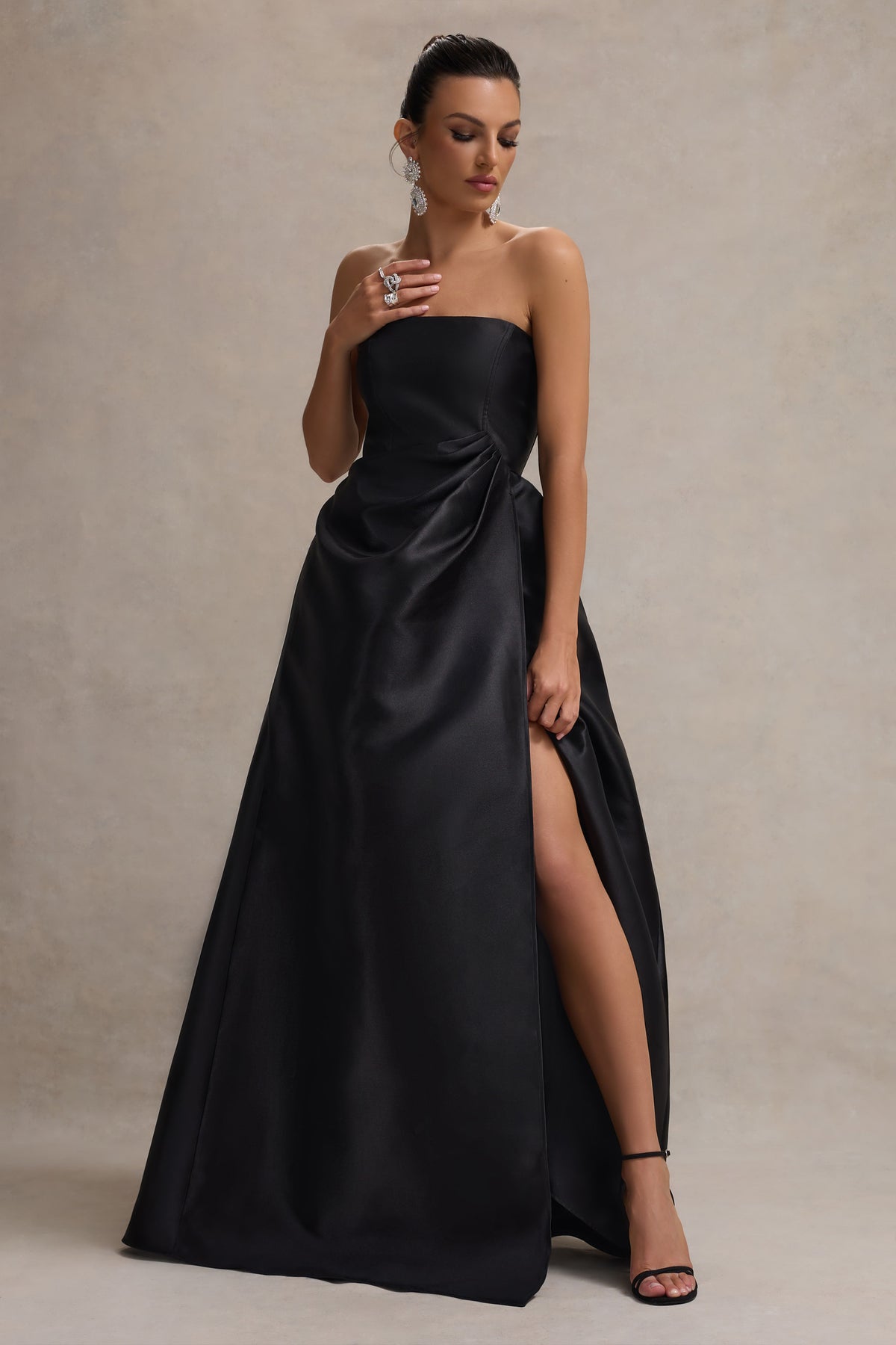 Universe | Black Bandeau Puff-Skirt Split Maxi Dress - Club L 