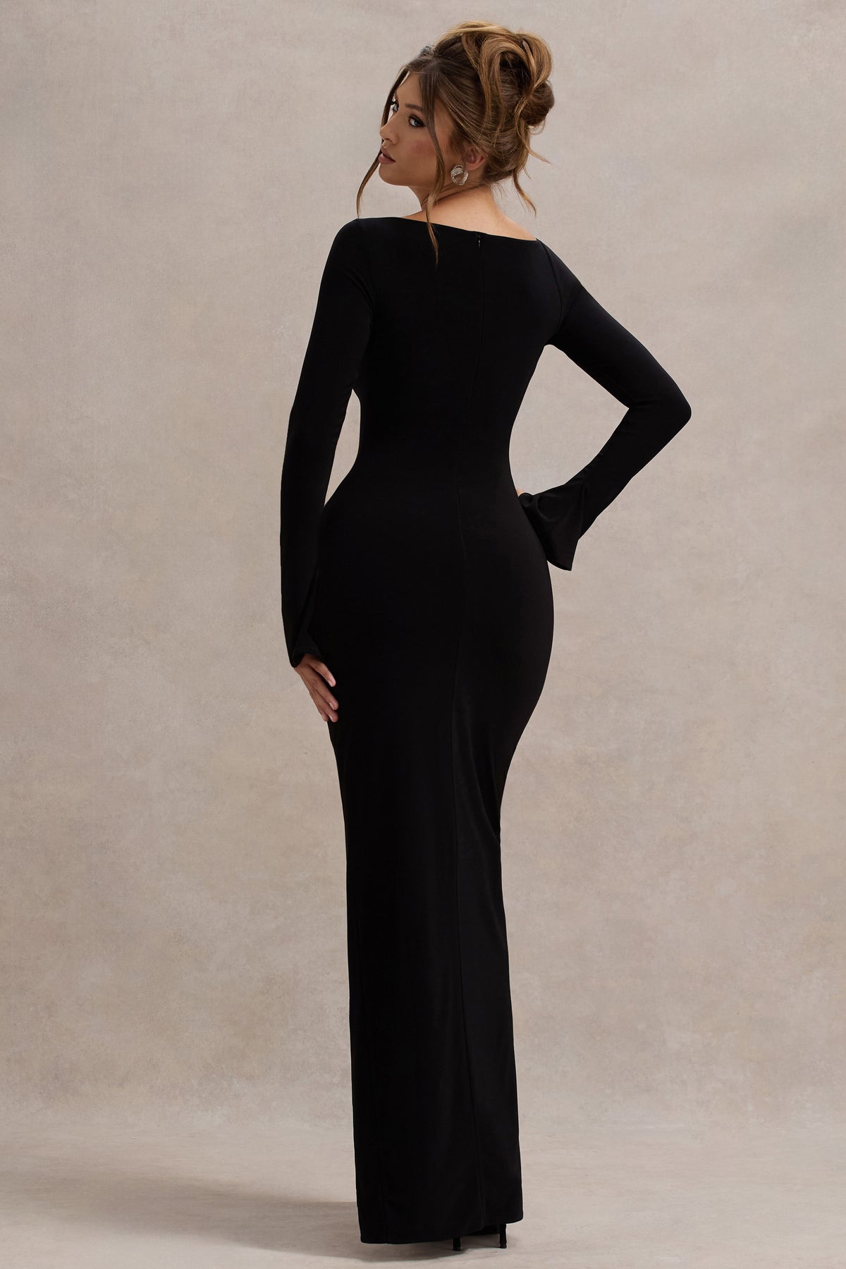 Cosmos Black Asymmetric Long-Sleeve Split Maxi Dress Club L London - UK Cosmos Black Asymmetric Long-Sleeve Split Maxi Dress Club L London - UK