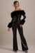 Lunar | Black Sequin Bardot Flared-Leg Jumpsuit With Fur - Club L 