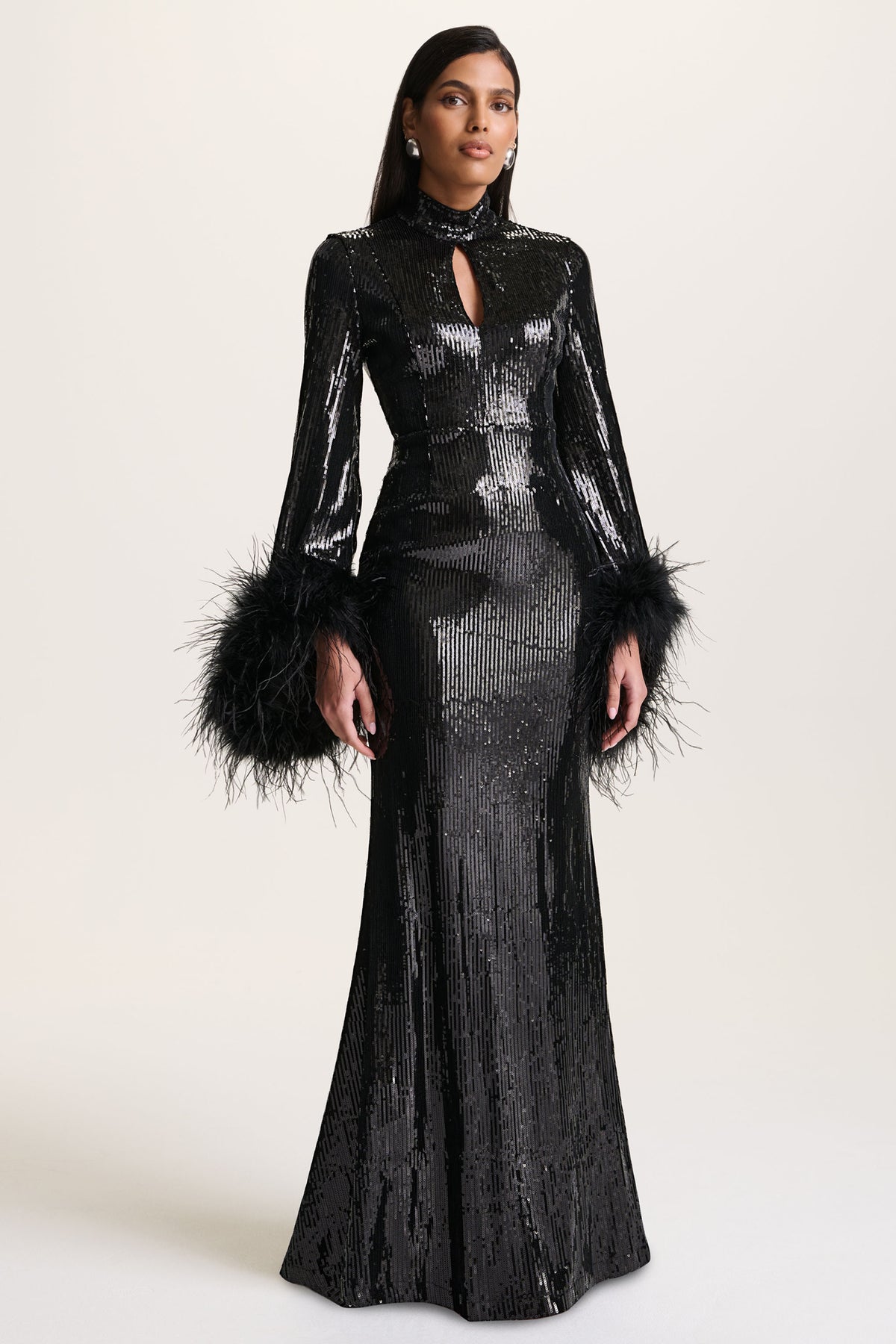 Cosmic Star Black Sequin High-Neck Maxi Dress With Feather Cuffs Club L London - UK Cosmic Star Black Sequin High-Neck Maxi Dress With Feather Cuffs Club L London - UK
