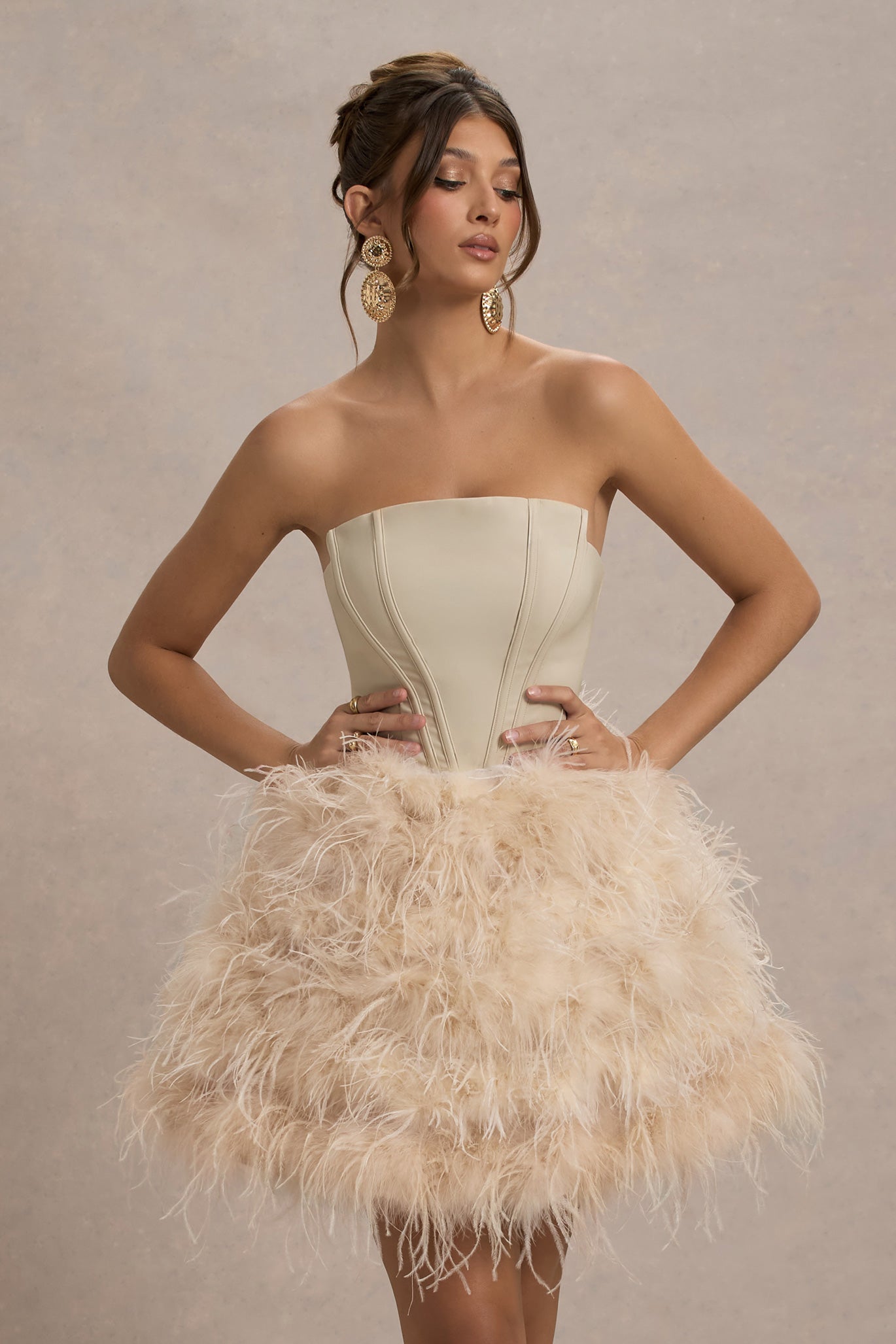 Peaches | Champagne Strapless Mini Dress With Volume Feather Hem - Club L 