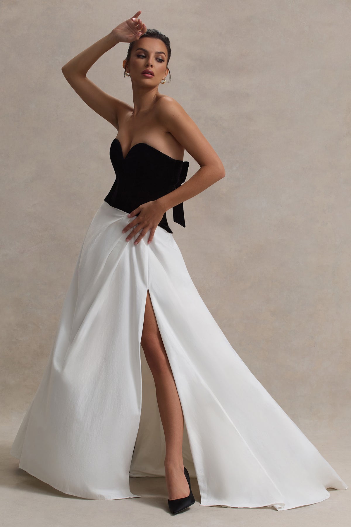 Lucienne | Black & Cream Sweetheart Corset Split Maxi Dress - Club L 