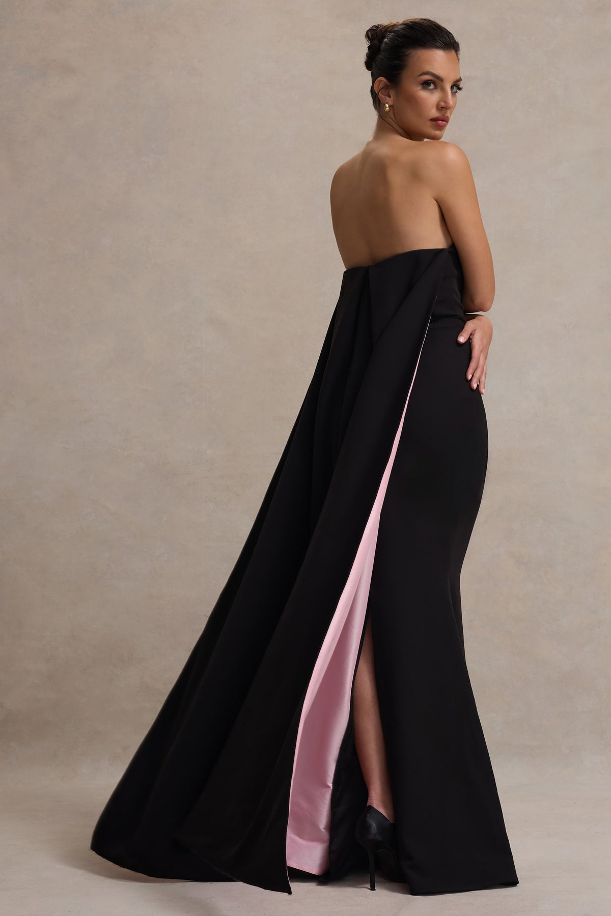 She's Trouble | Black Bandeau Maxi Dress With Pink Cape - Club L 