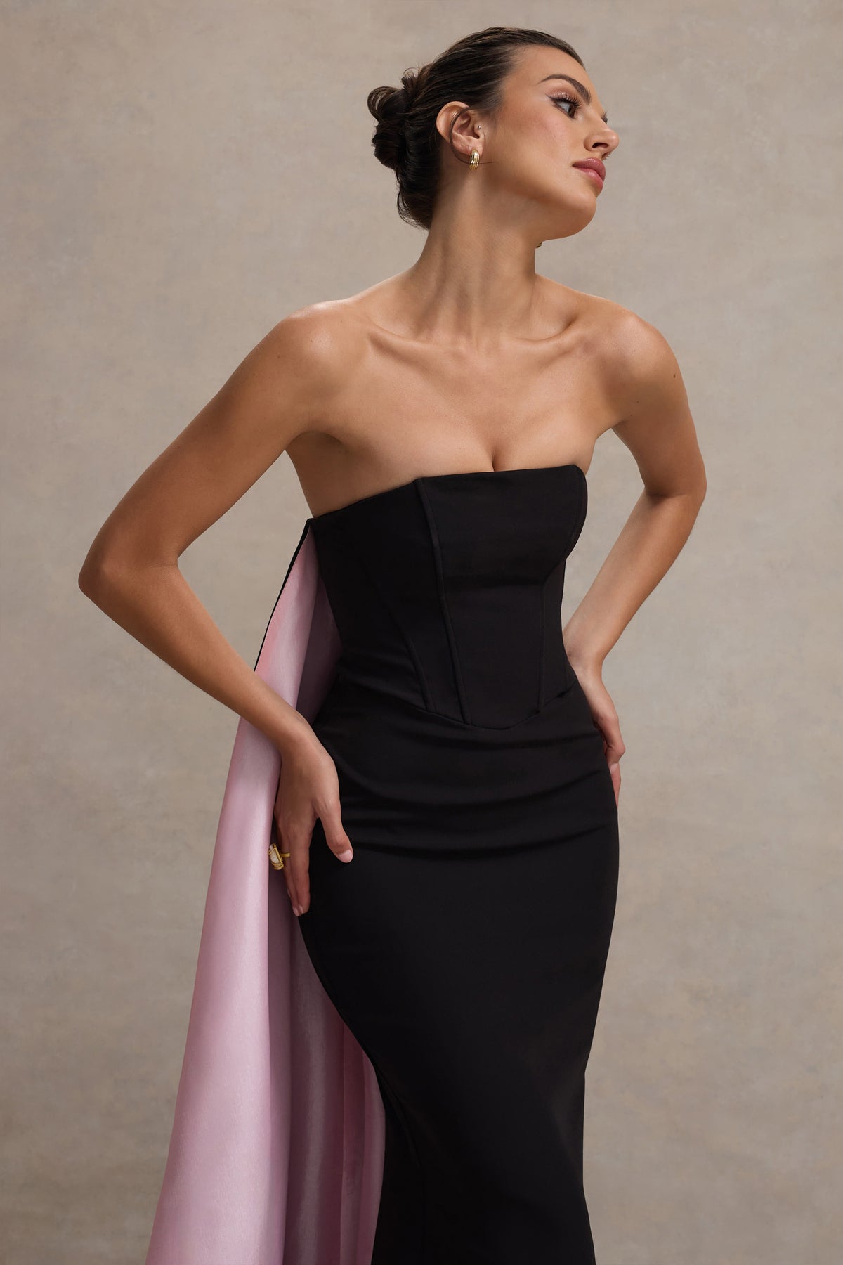 She's Trouble | Black Bandeau Maxi Dress With Pink Cape - Club L 