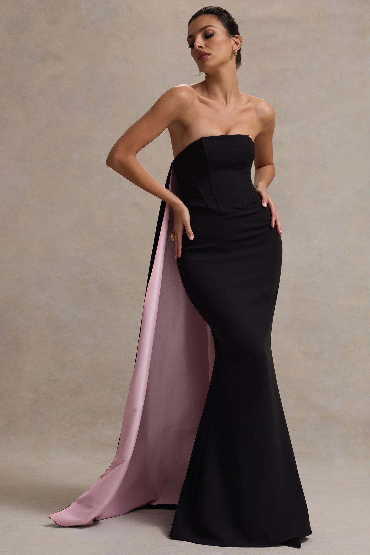 She's Trouble | Black Bandeau Maxi Dress With Pink Cape - Club L 
