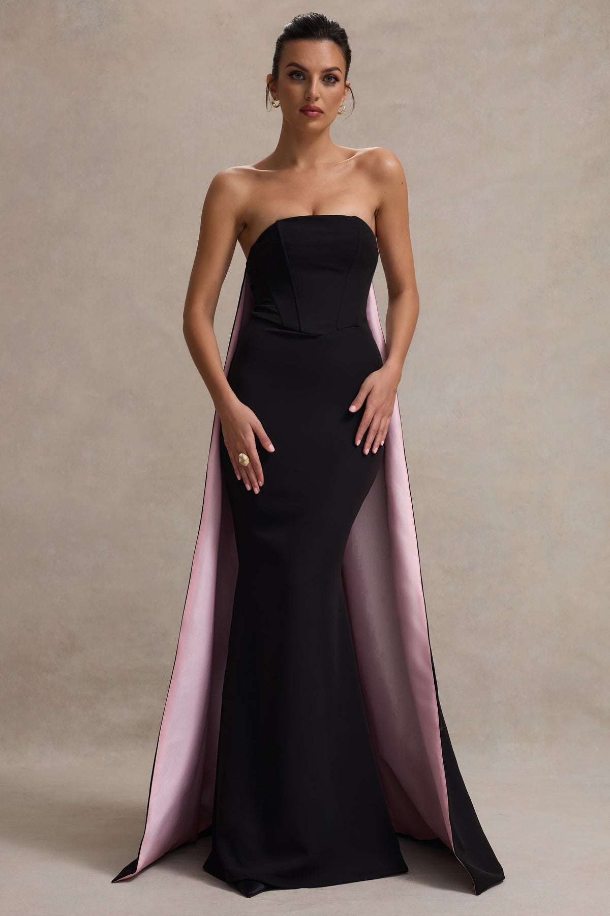 She's Trouble | Black Bandeau Maxi Dress With Pink Cape - Club L 