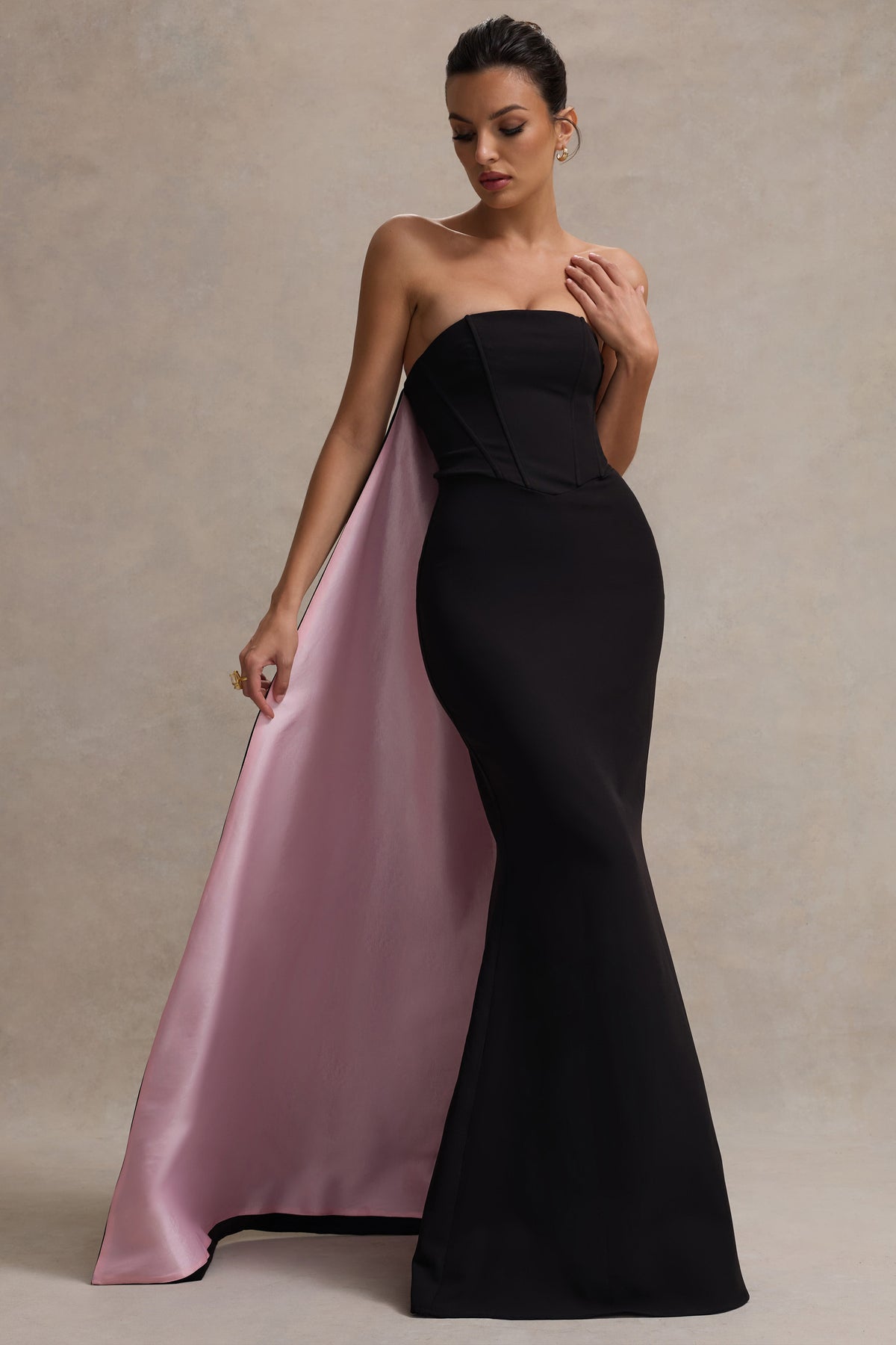 She's Trouble | Black Bandeau Maxi Dress With Pink Cape - Club L 