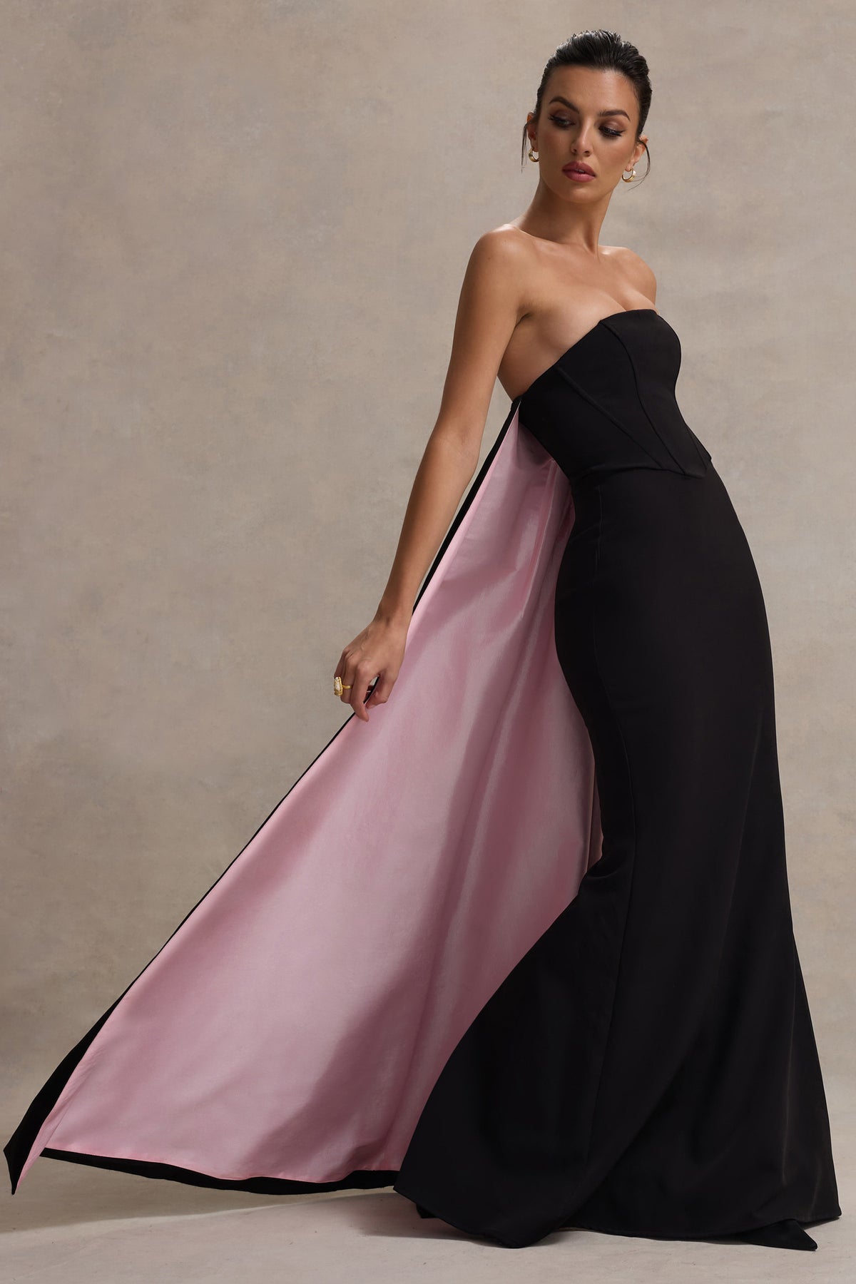 She's Trouble | Black Bandeau Maxi Dress With Pink Cape - Club L 