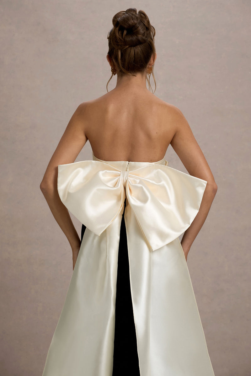 Take A Bow Black & Cream Velvet Strapless Maxi Dress With Oversized  Club  L London - UK