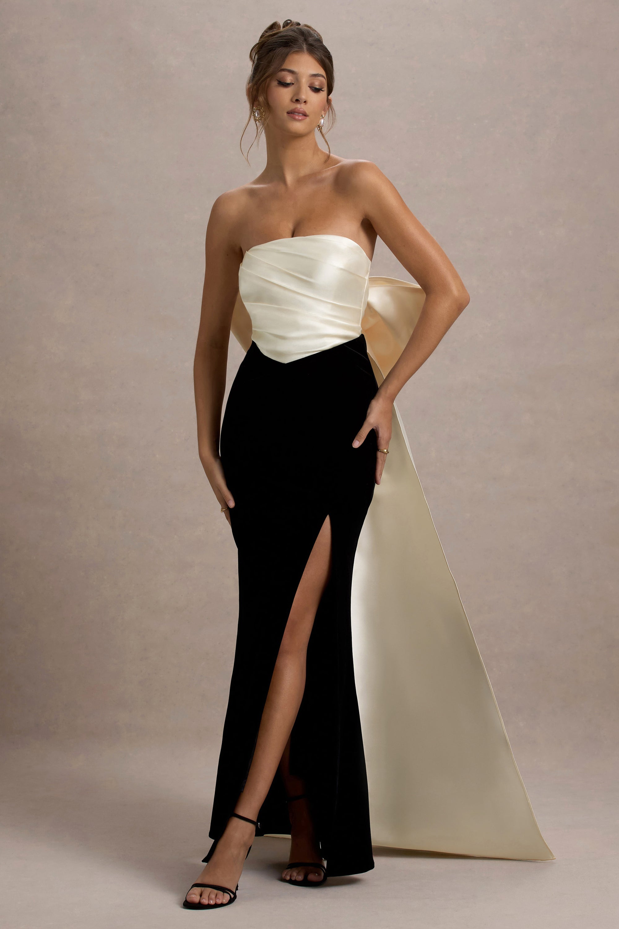 Take A Bow | Black & Cream Velvet Strapless Maxi Dress With Oversized – Club L London