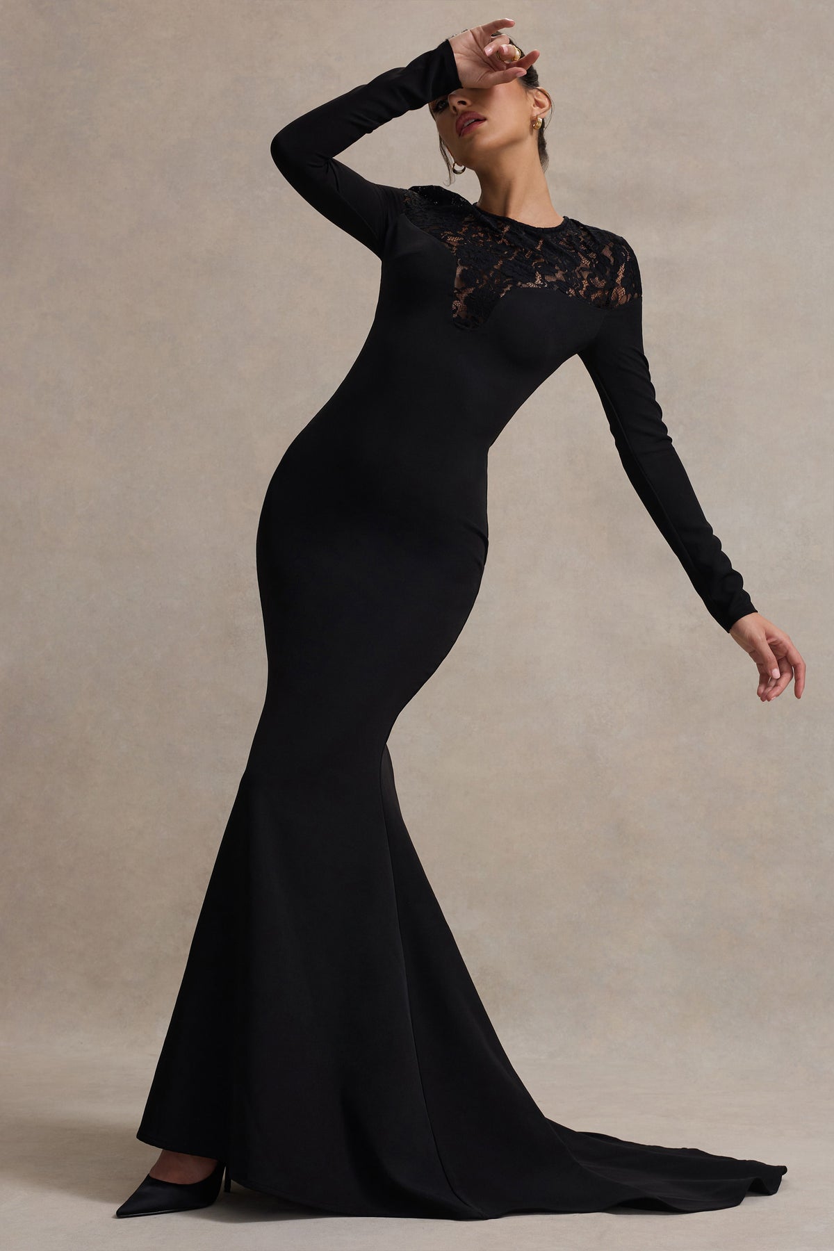 Campbell Black Long-Sleeve Maxi Dress With Lace Detail Club L London - UK Campbell Black Long-Sleeve Maxi Dress With Lace Detail Club L London - UK