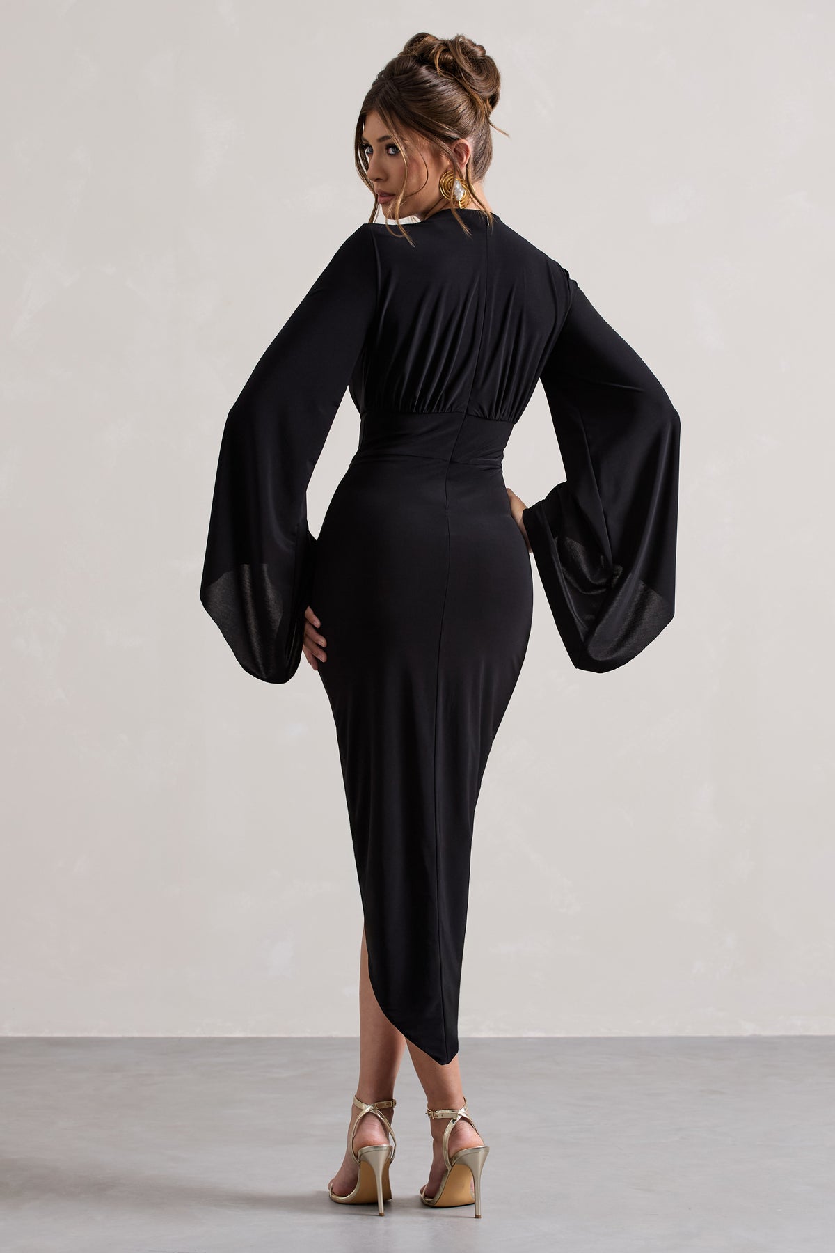 Lennox | Black Drape-Sleeve Gathered Midi Dress - Club L 