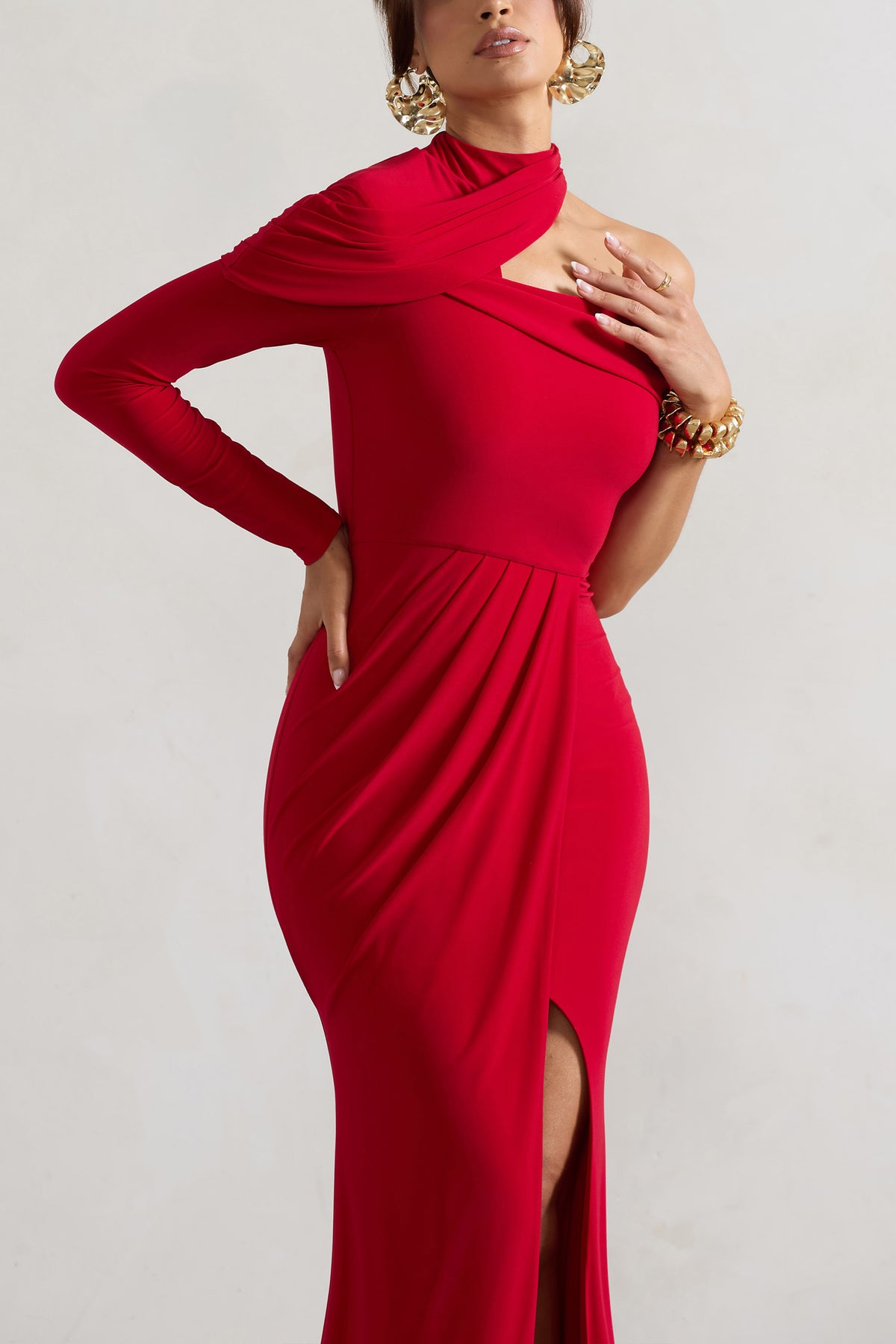 Tyla | Red Asymmetric High-Neck Split Maxi Dress - Club L 
