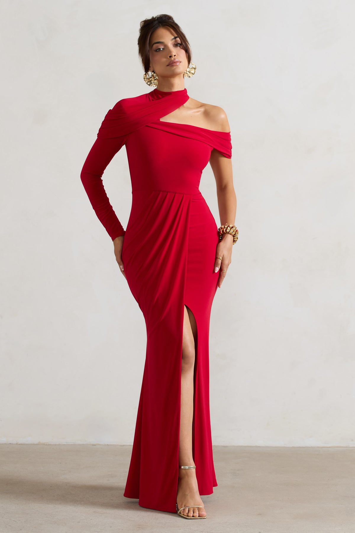 Tyla | Red Asymmetric High-Neck Split Maxi Dress - Club L 