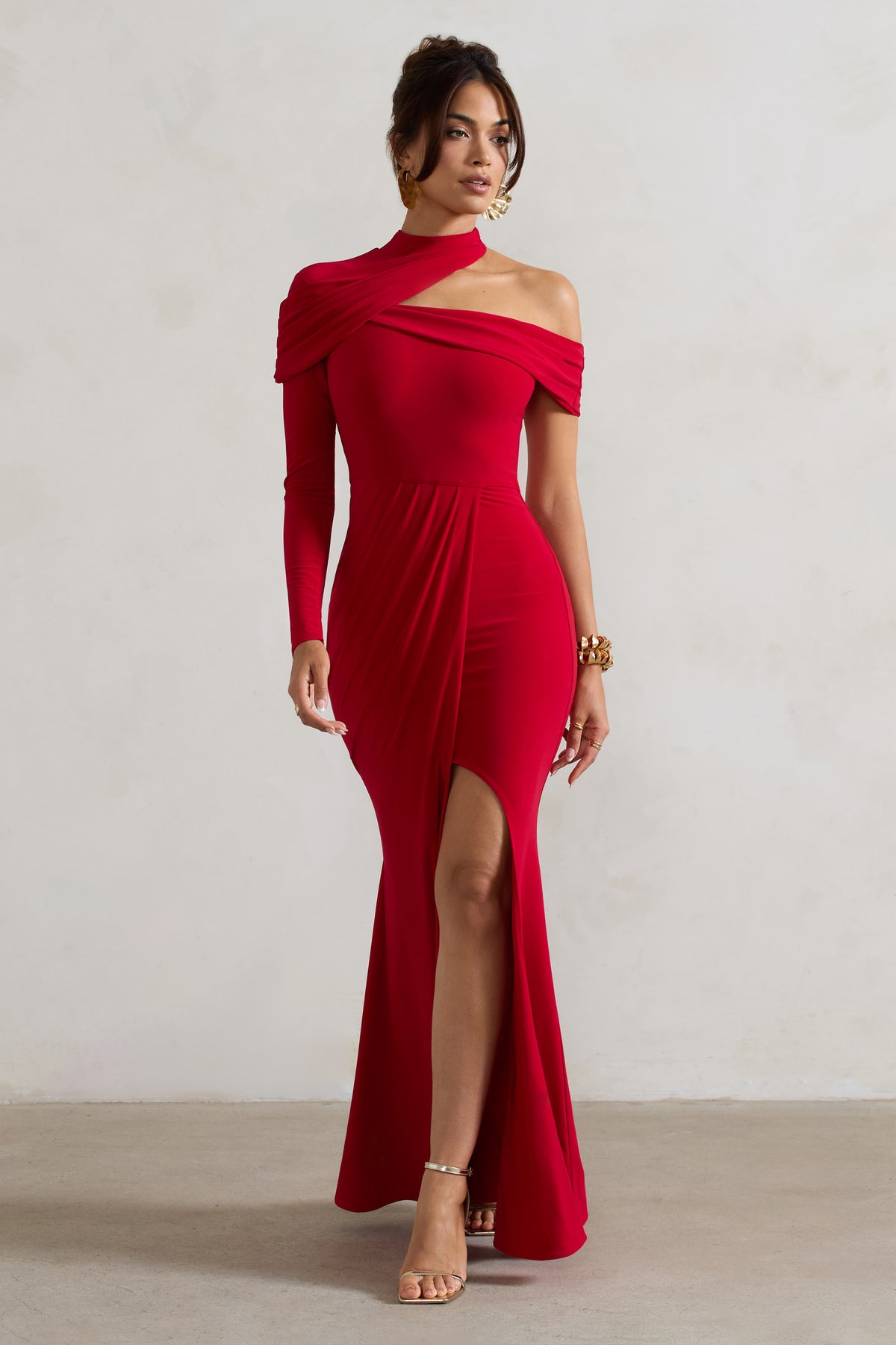 Tyla | Red Asymmetric High-Neck Split Maxi Dress - Club L 