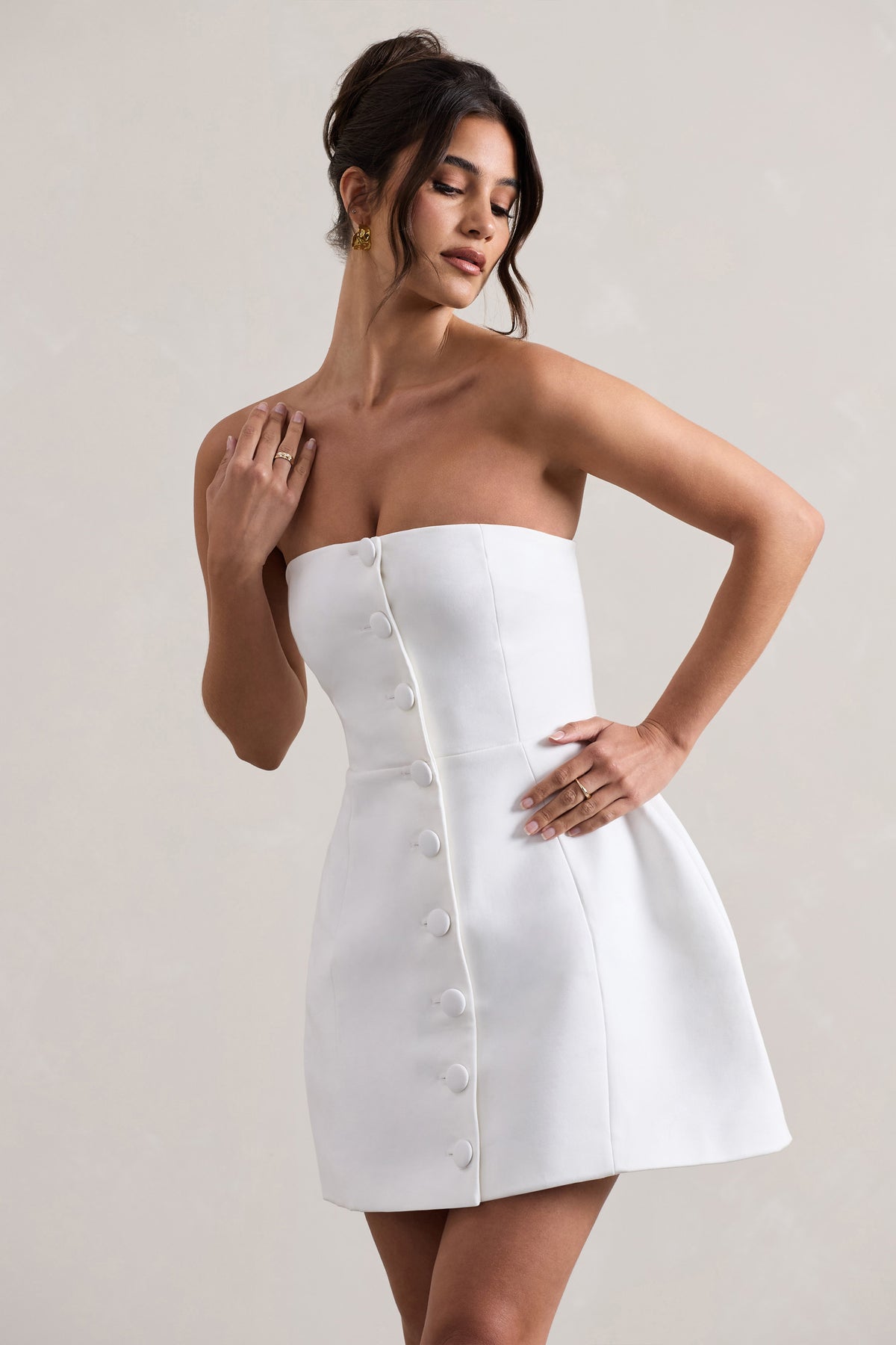 Anniston | White Bandeau Tailored Buttoned Mini Dress - Club L 