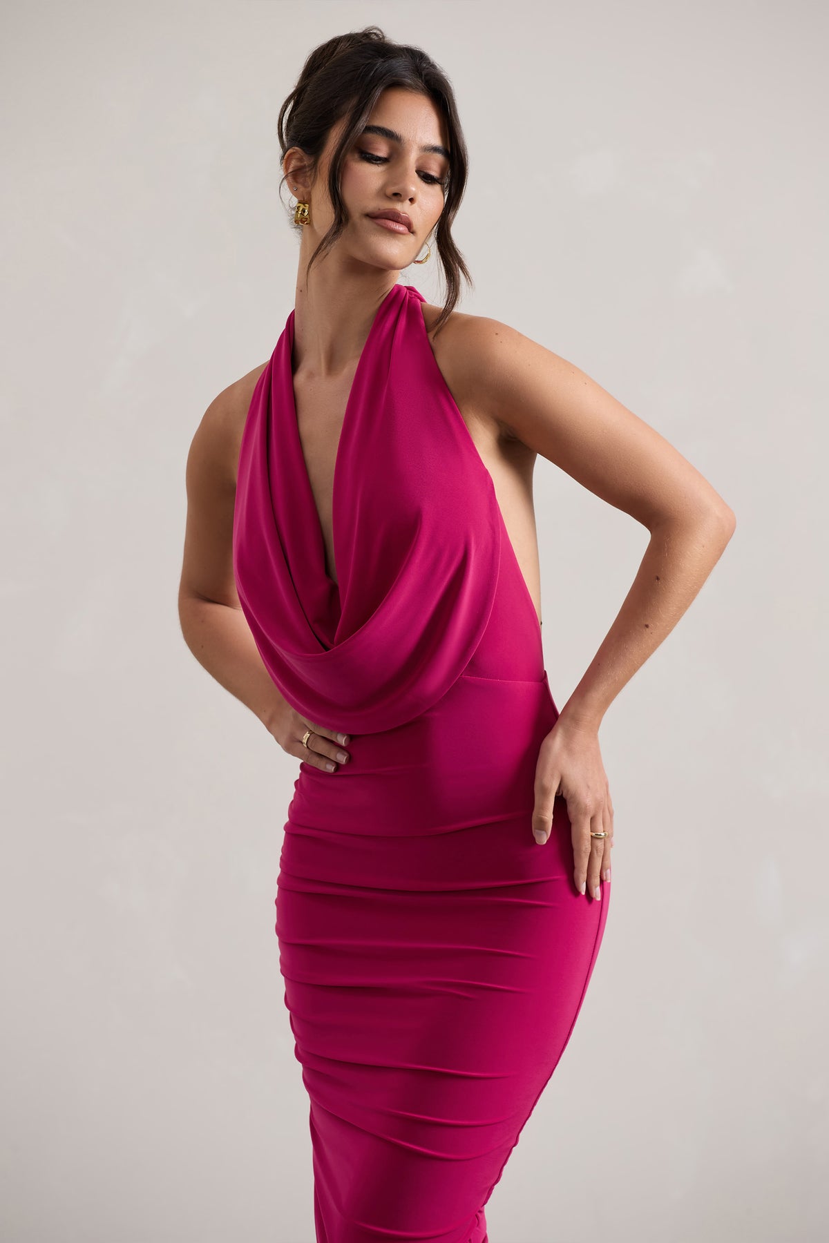 Hayley Hot Pink Cowl-Neck Asymmetric Maxi Dress Club L London - UK Hayley Hot Pink Cowl-Neck Asymmetric Maxi Dress Club L London - UK