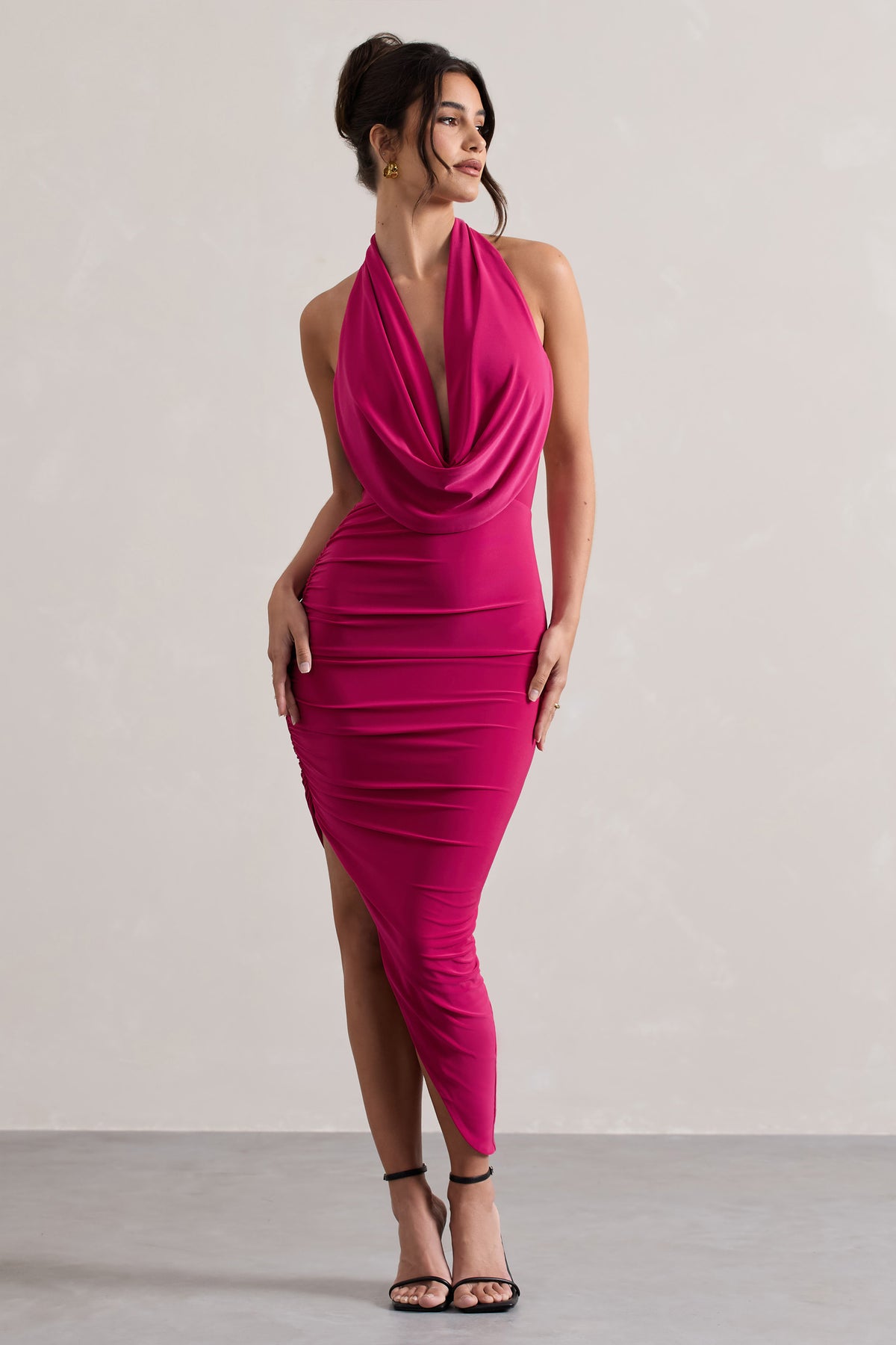 Hayley | Hot Pink Cowl-Neck Asymmetric Maxi Dress - Club L 