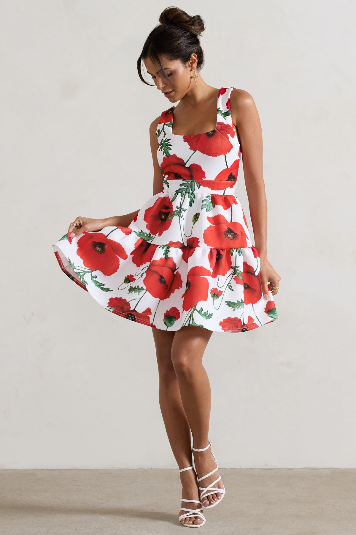 Alia Poppy Print Scoop Neck Tiered Volume Hem Mini Dress