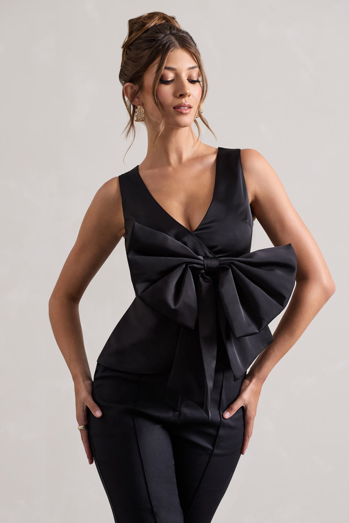 Adoration | Black Satin Plunge-Neck Top With Bow - Club L 