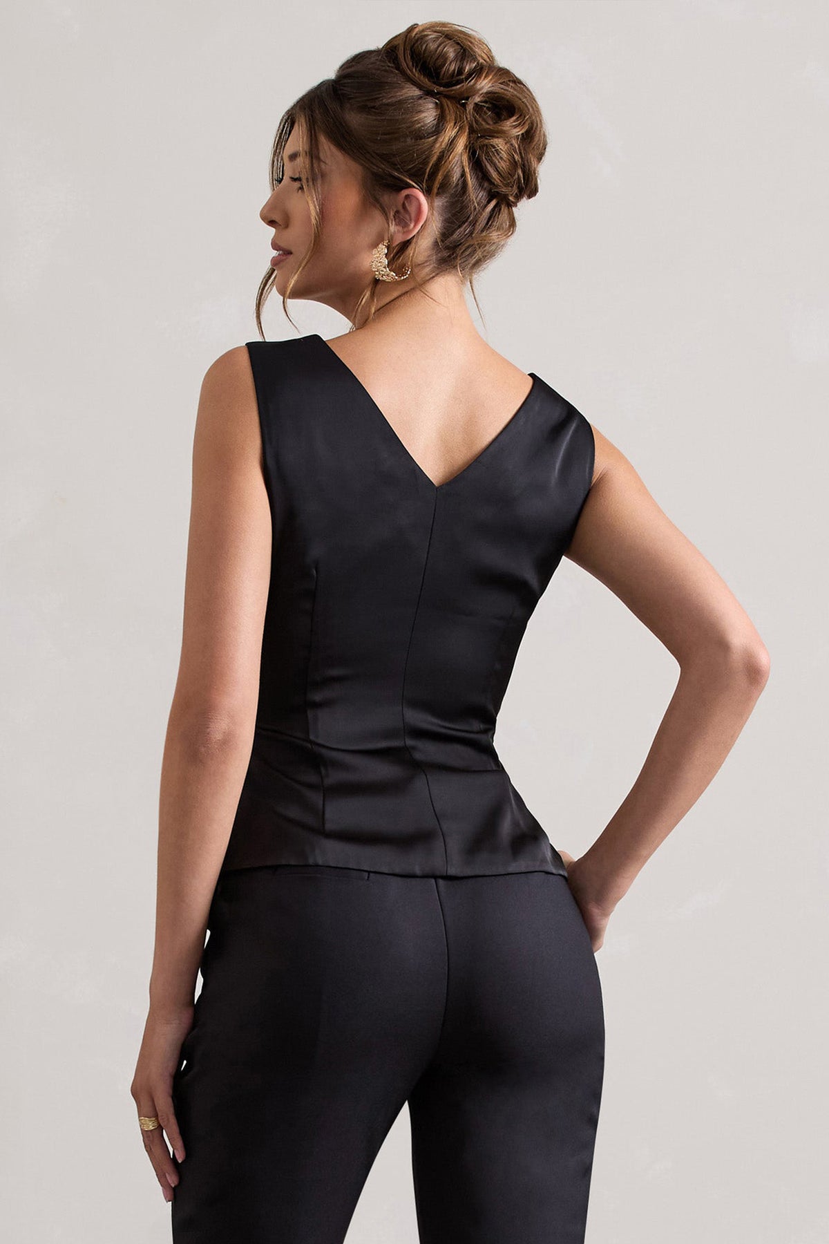 Adoration | Black Satin Plunge-Neck Top With Bow - Club L 