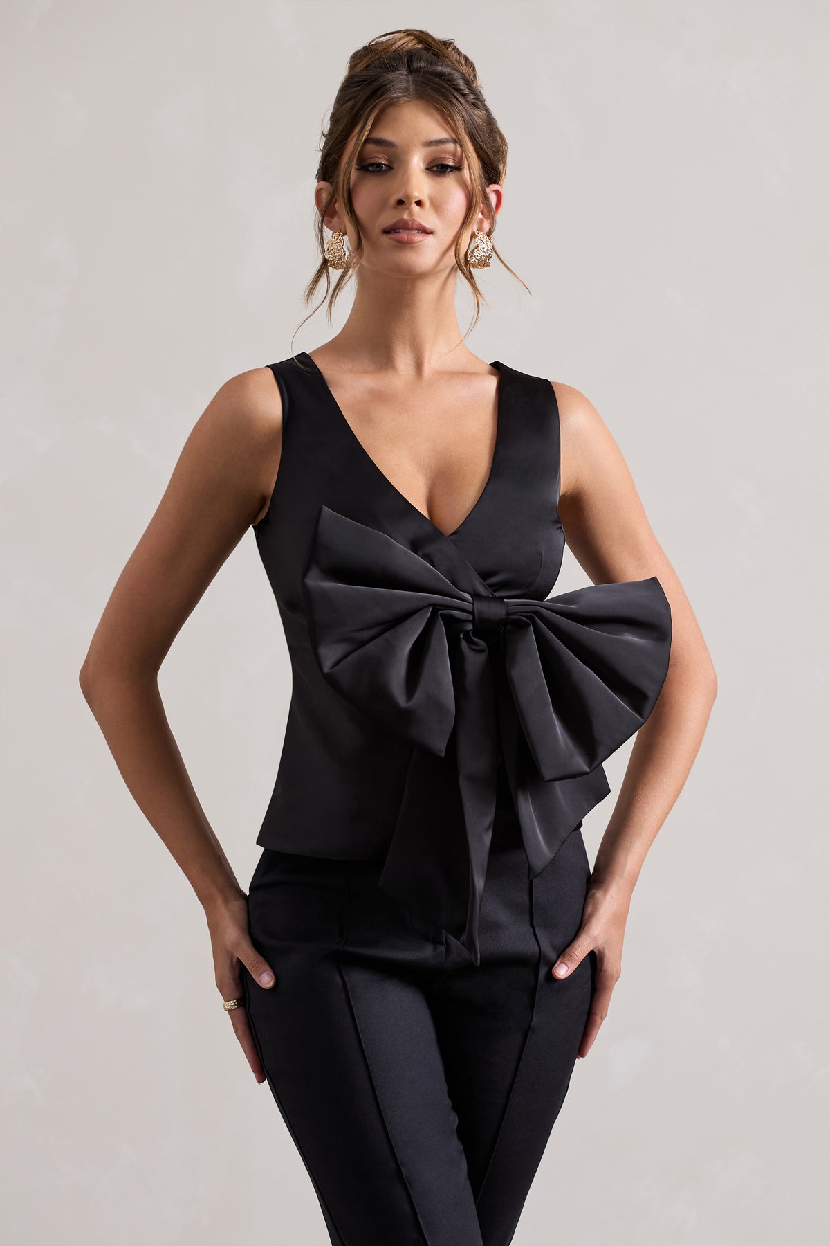 Adoration | Black Satin Plunge-Neck Top With Bow - Club L 