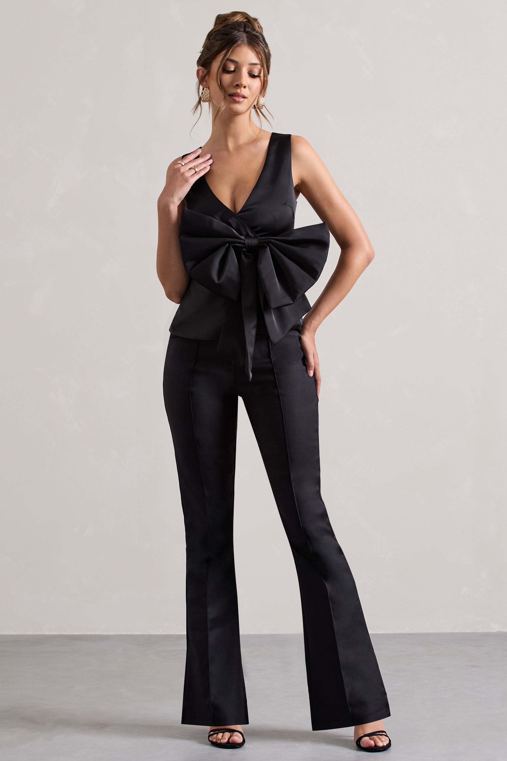 Adoration | Black Satin Plunge-Neck Top With Bow - Club L 