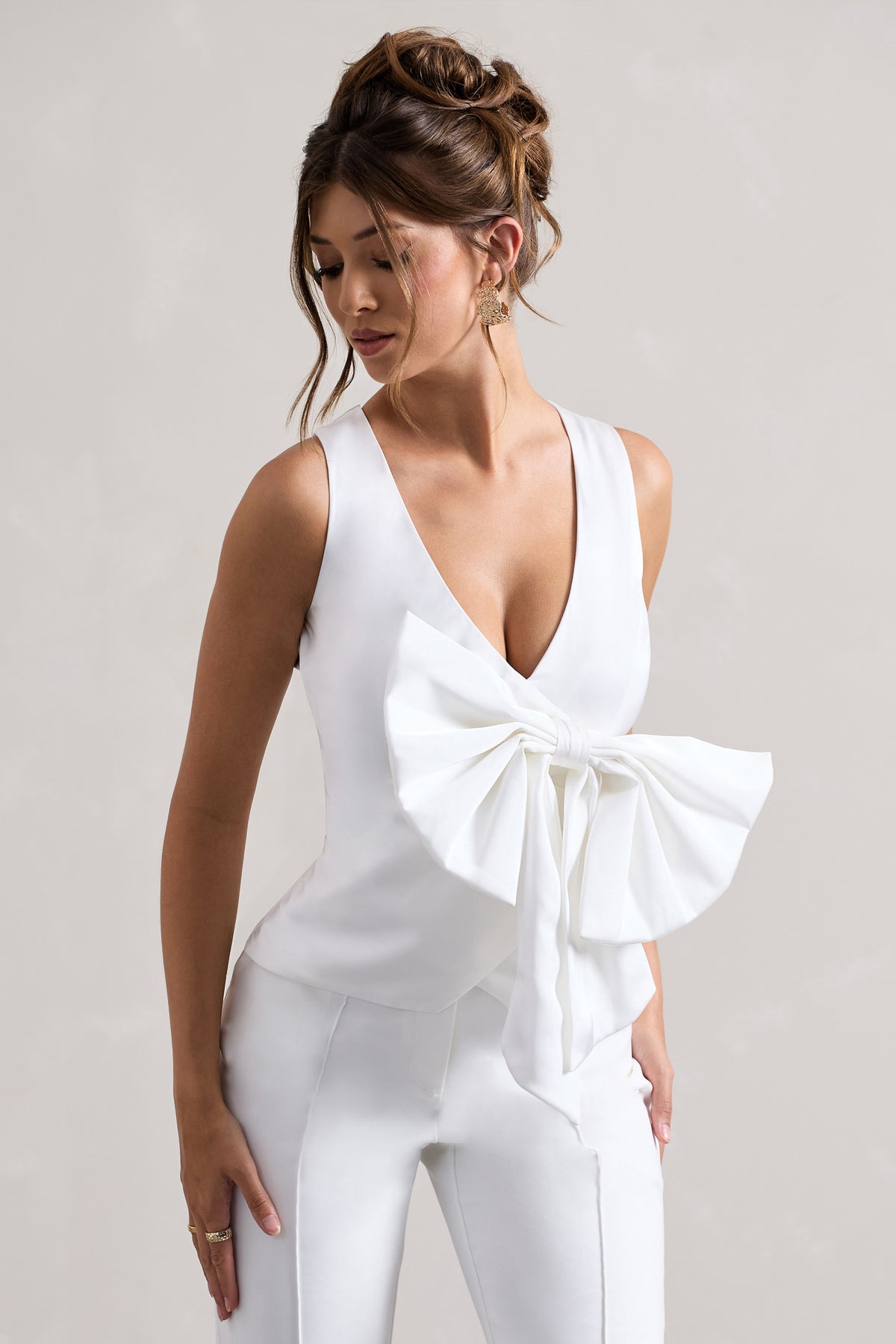 Adoration | Cream Satin Plunge-Neck Top With Bow - Club L 