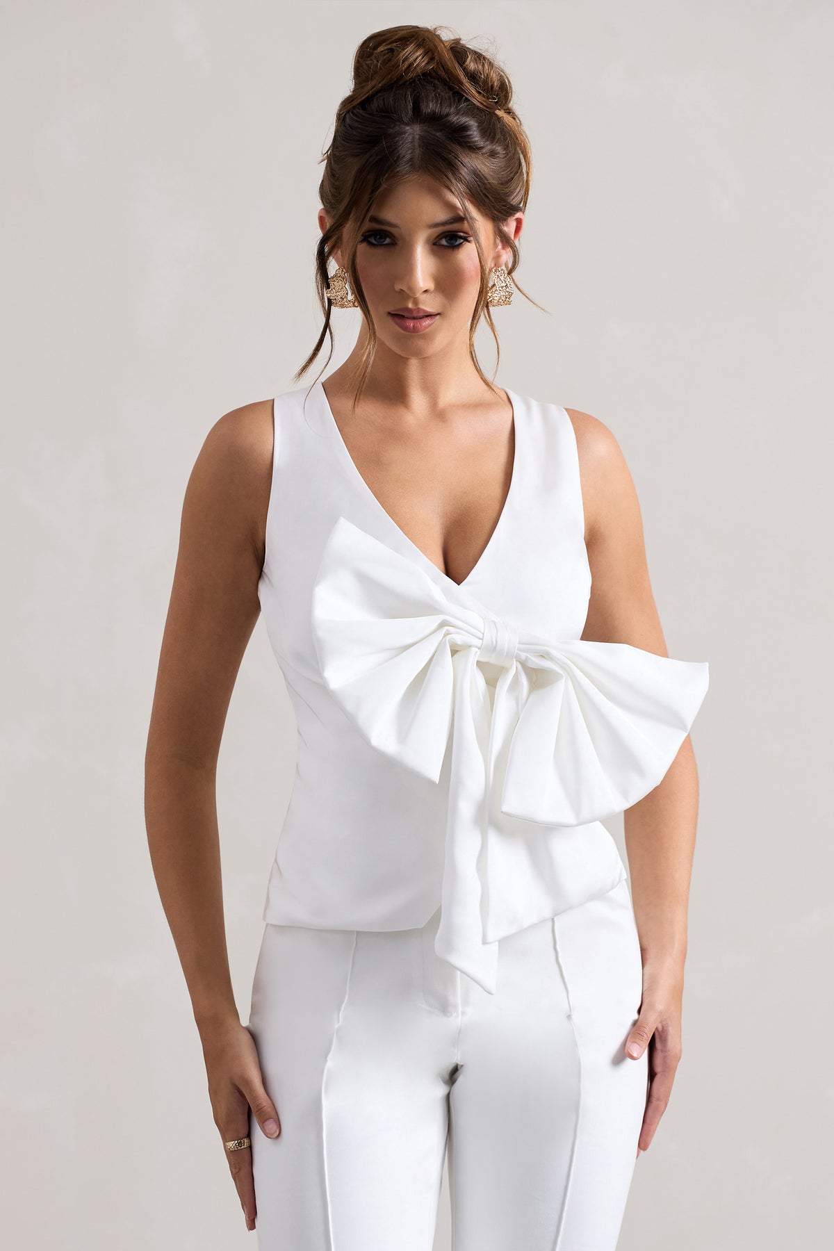 Adoration | Cream Satin Plunge-Neck Top With Bow - Club L 