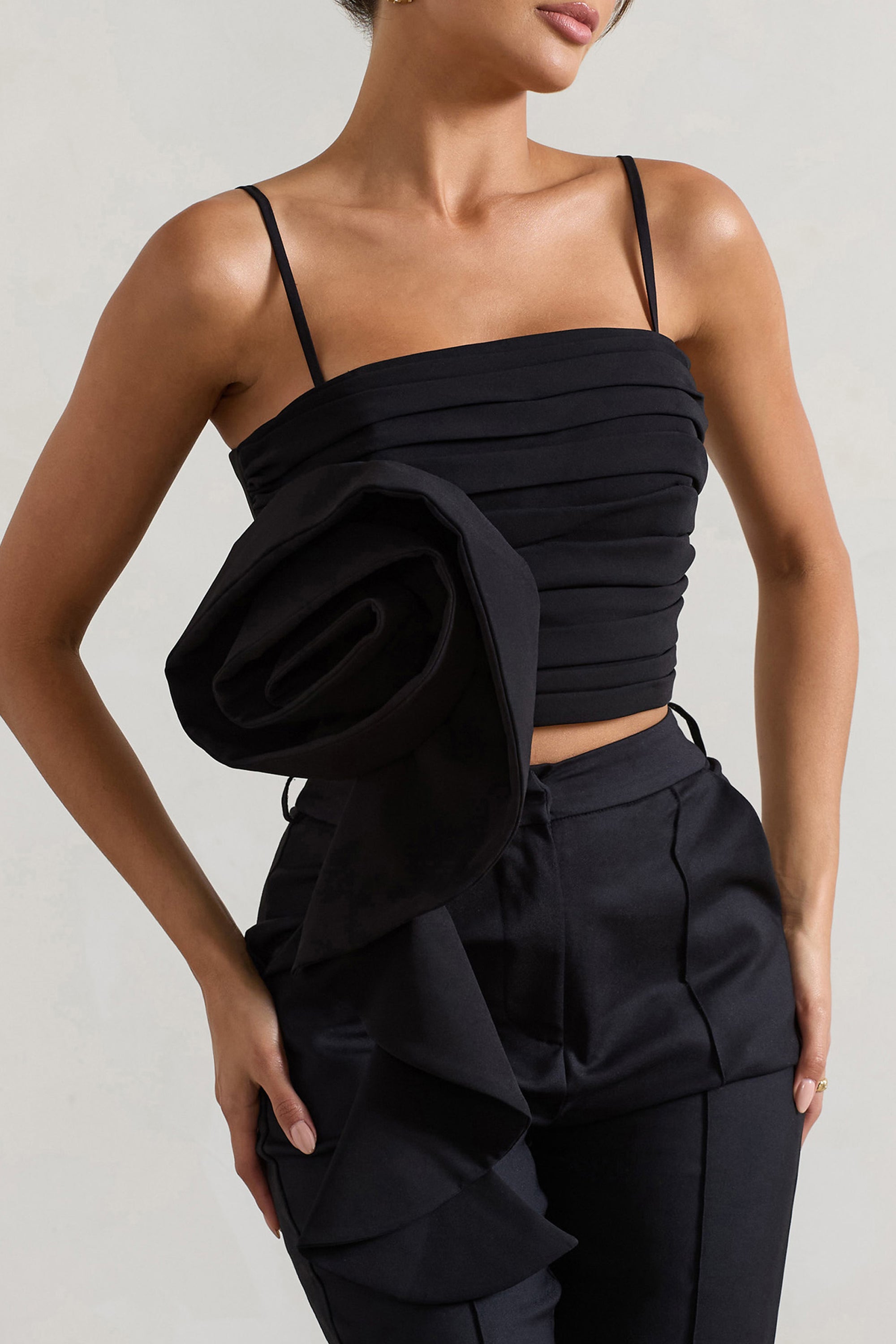 Whirlwind | Black Strappy Top With Oversized Ruffle Detail - Club L 