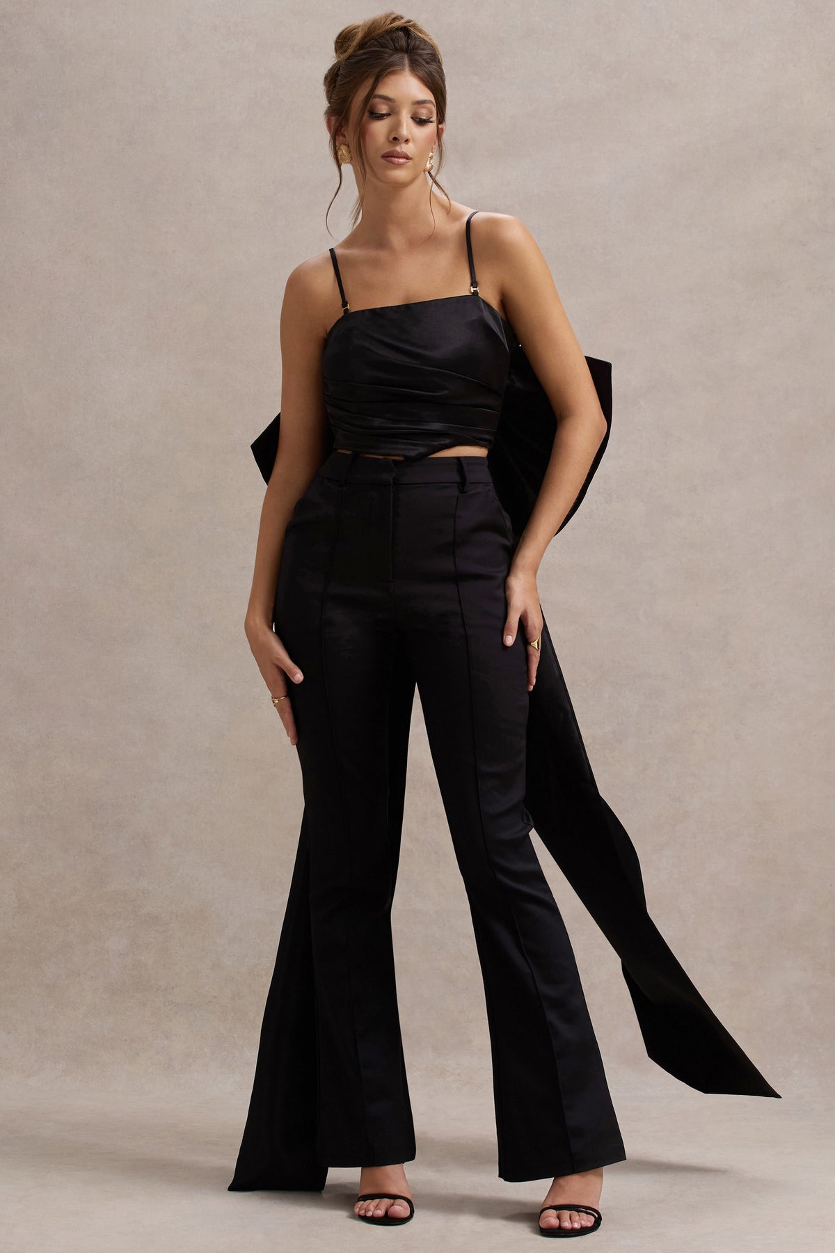 Sweet Escape | Black Satin Crop Top With Oversized Satin Bow - Club L 
