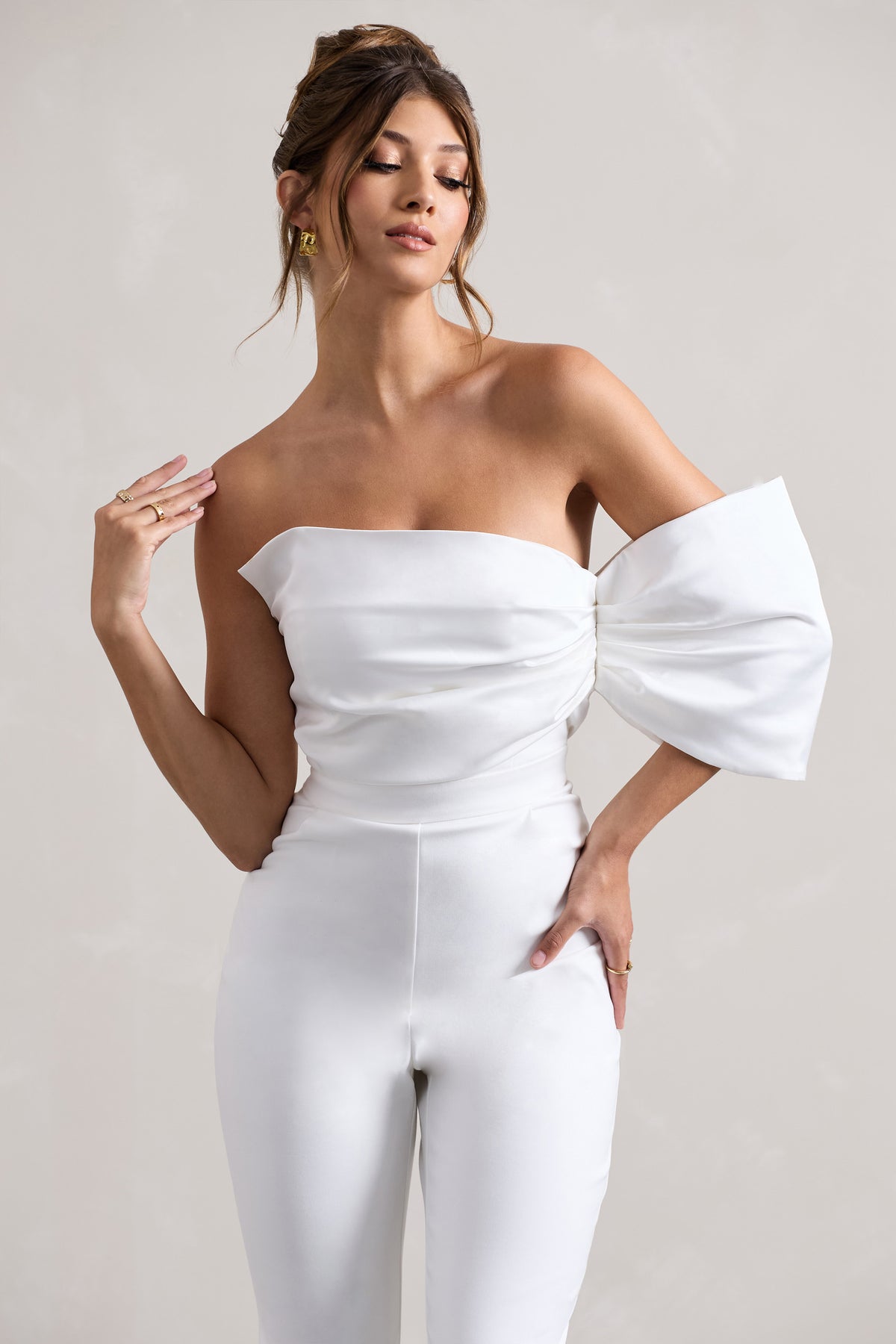 Adabella | White Satin Strapless One-Sleeve Straight-Leg Jumpsuit - Club L 