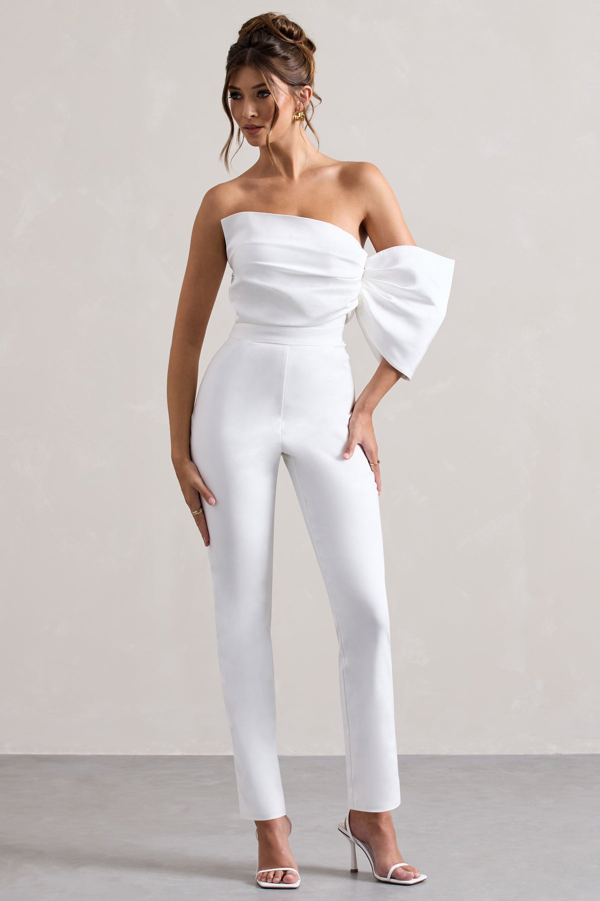 Adabella | White Satin Strapless One-Sleeve Straight-Leg Jumpsuit - Club L 