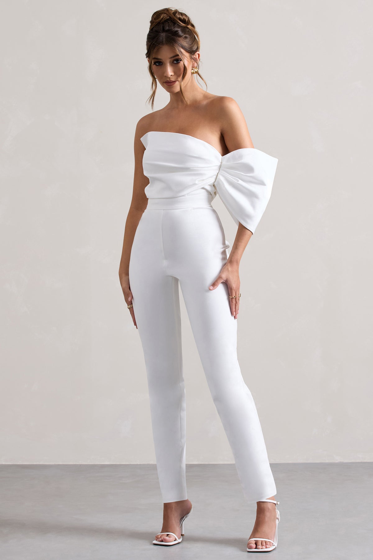 Adabella | White Satin Strapless One-Sleeve Straight-Leg Jumpsuit - Club L 