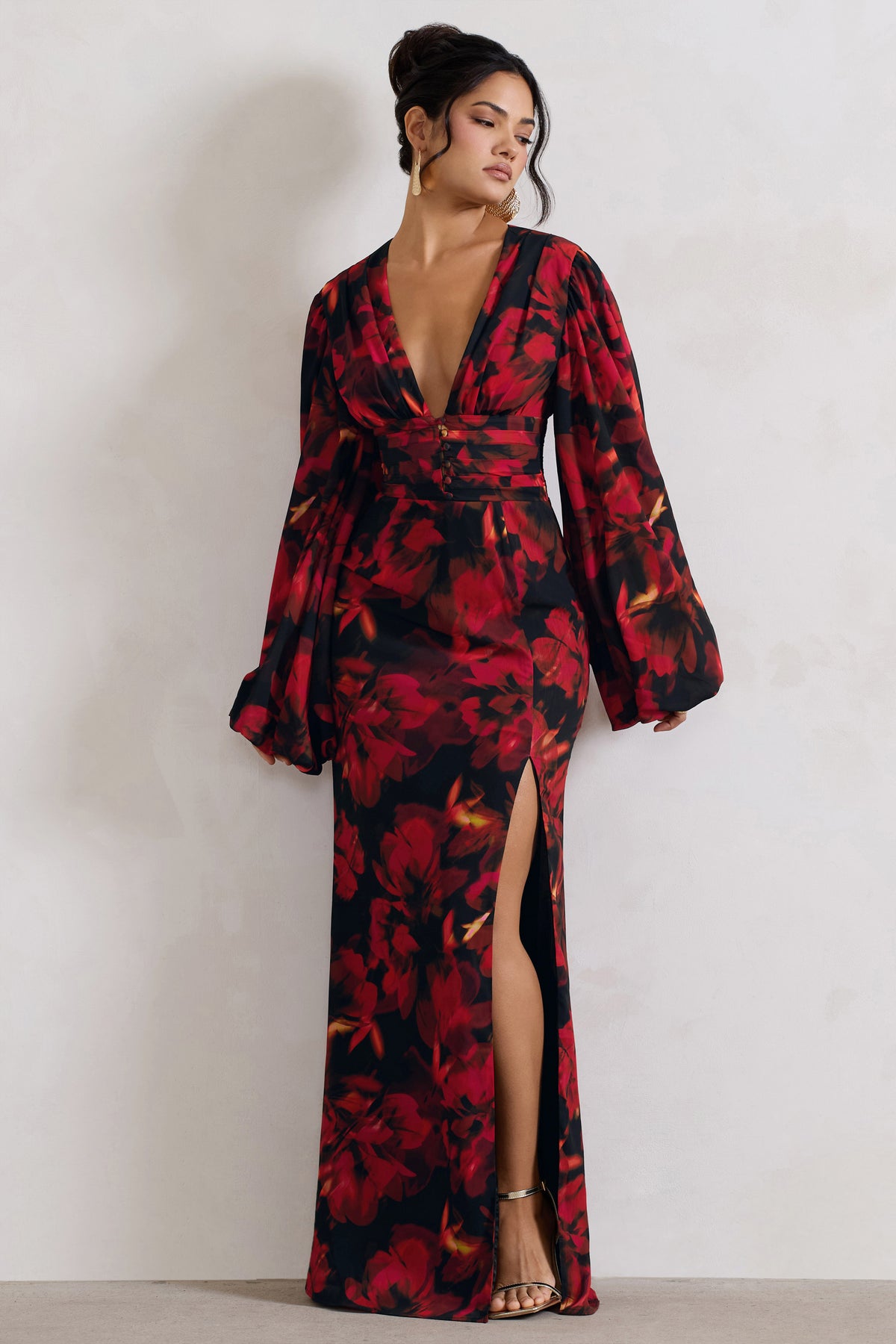 Casarile | Red Floral Print V-Neck Balloon Sleeve Maxi Dress - Club L 