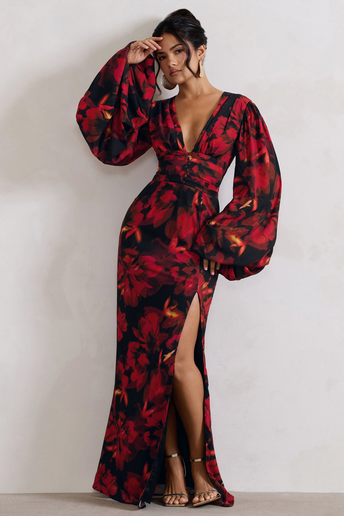 Casarile Red Floral Print V-Neck Balloon Sleeve Maxi Dress Club L London - UK Casarile Red Floral Print V-Neck Balloon Sleeve Maxi Dress Club L London - UK