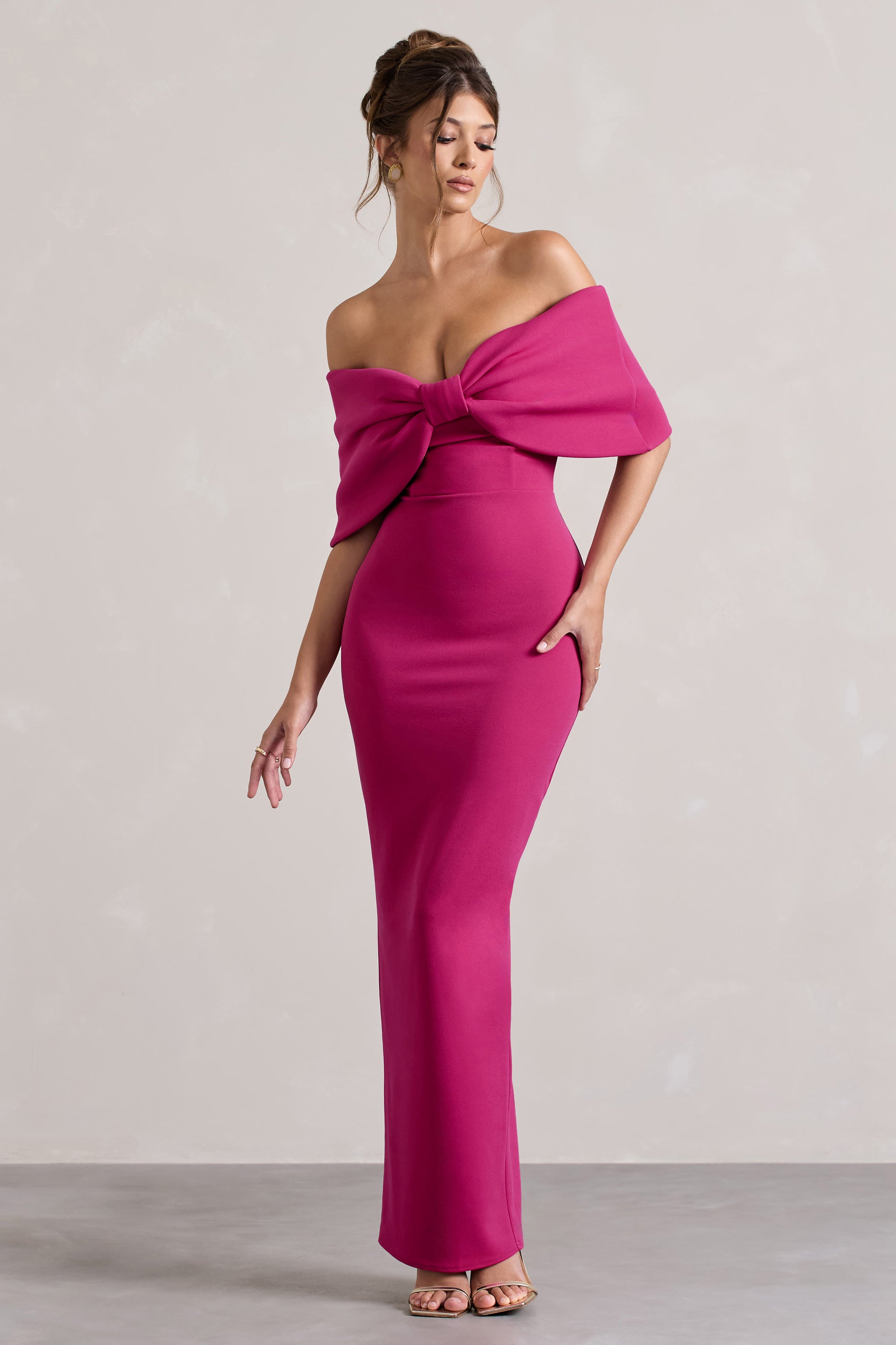 Cornelia | Hot Pink Strapless Maxi Dress With Oversized Bow – Club L London