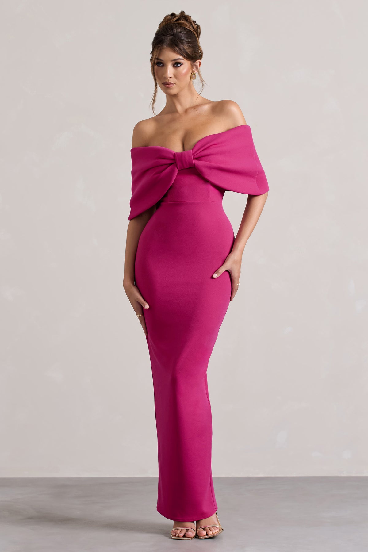 Cornelia Hot Pink Strapless Maxi Dress With Oversized Bow Club L London - UK Cornelia Hot Pink Strapless Maxi Dress With Oversized Bow Club L London - UK