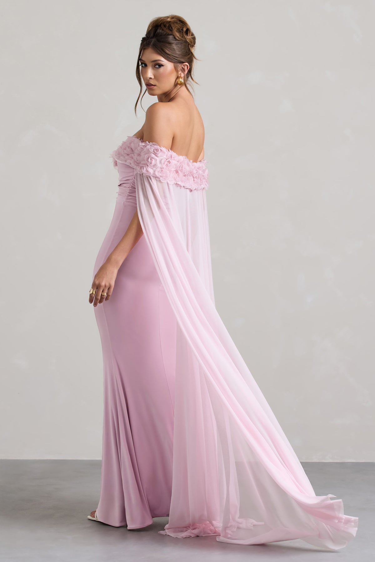 Avant Garde | Blush Pink Floral Bardot Fishtail Maxi Dress With Mesh Cape - Club L 