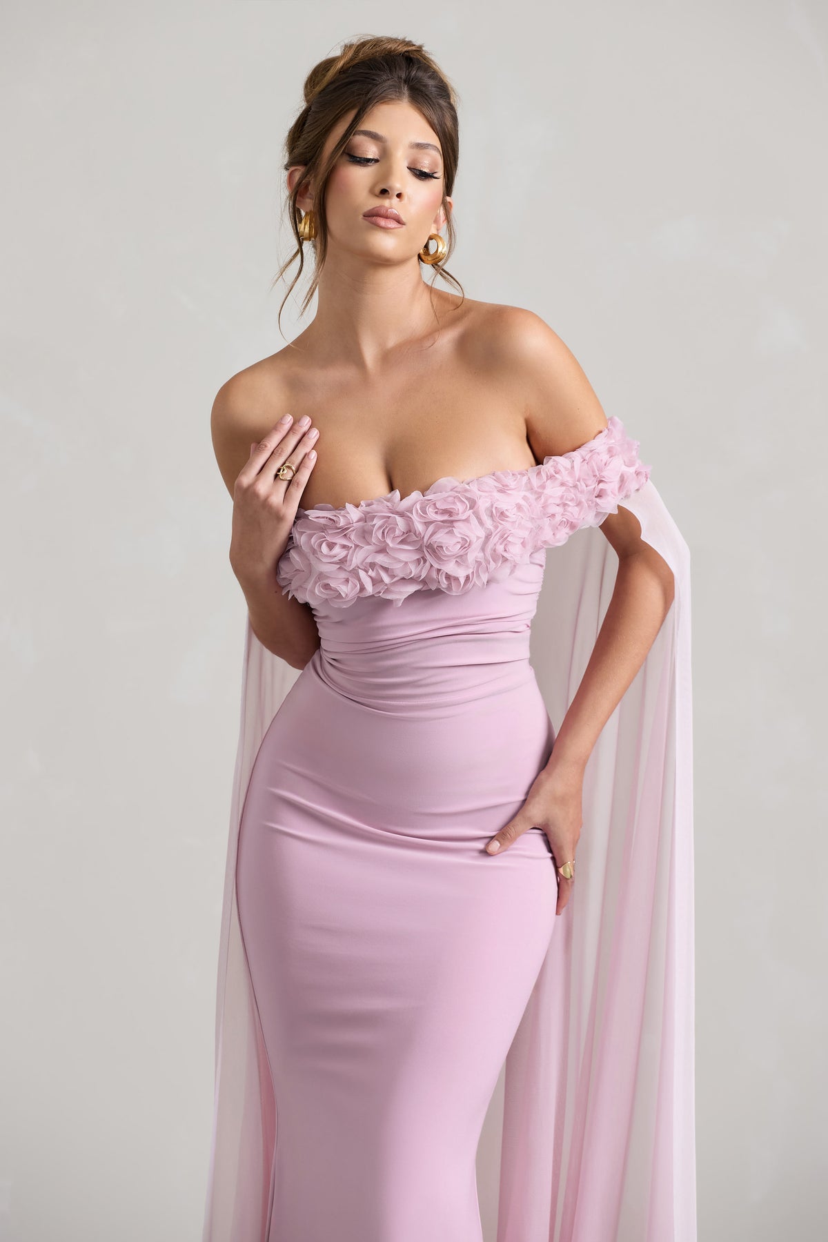 Avant Garde | Blush Pink Floral Bardot Fishtail Maxi Dress With Mesh Cape - Club L 