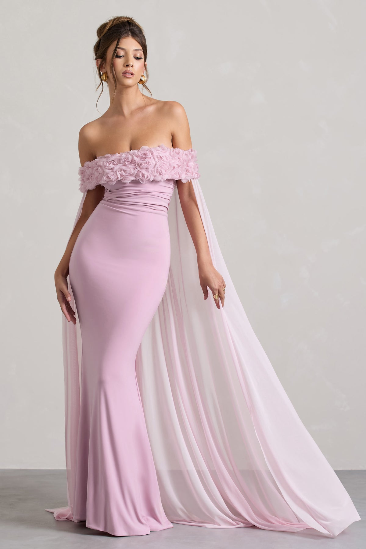 Avant Garde | Blush Pink Floral Bardot Fishtail Maxi Dress With Mesh Cape - Club L 