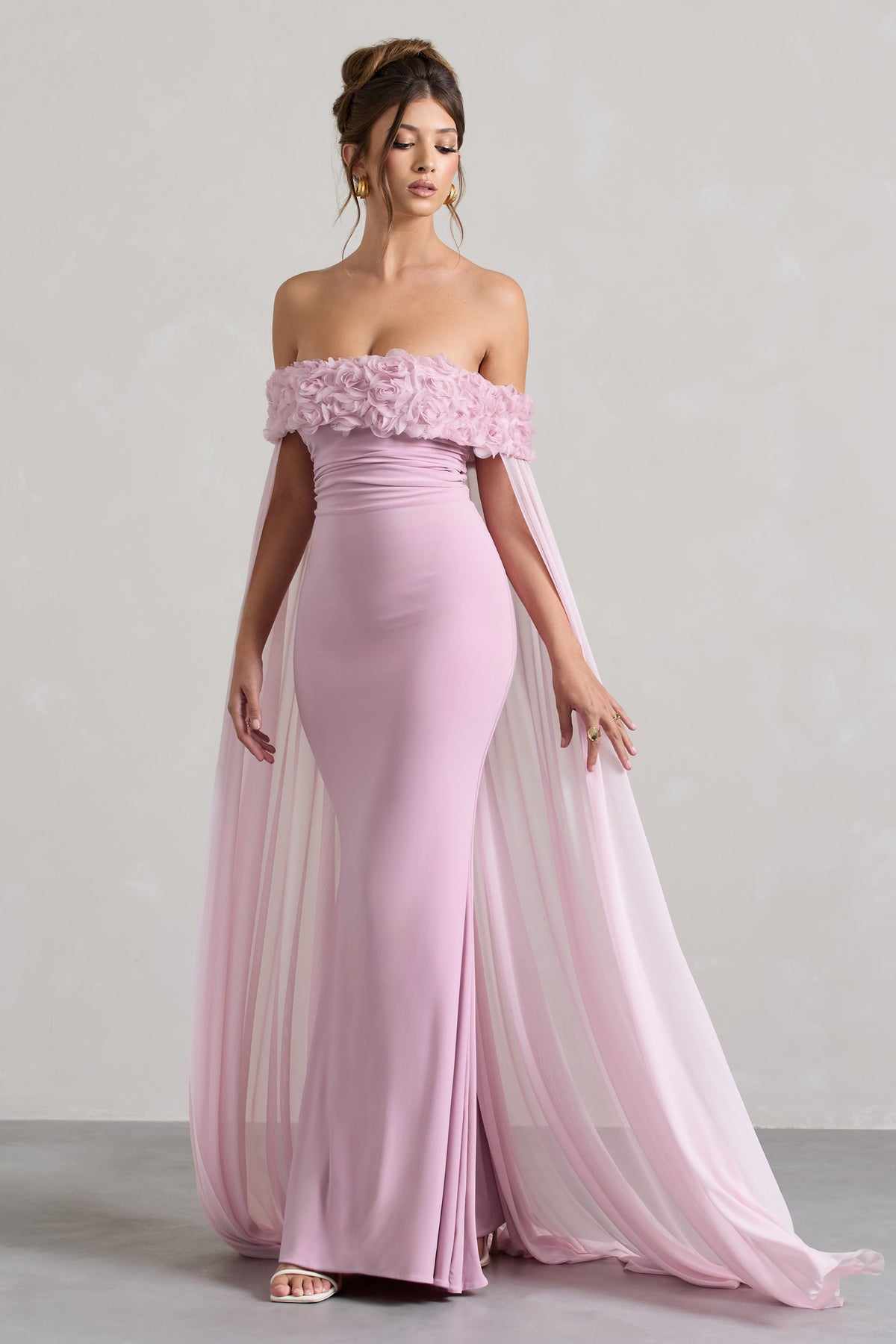 Avant Garde | Blush Pink Floral Bardot Fishtail Maxi Dress With Mesh Cape - Club L 