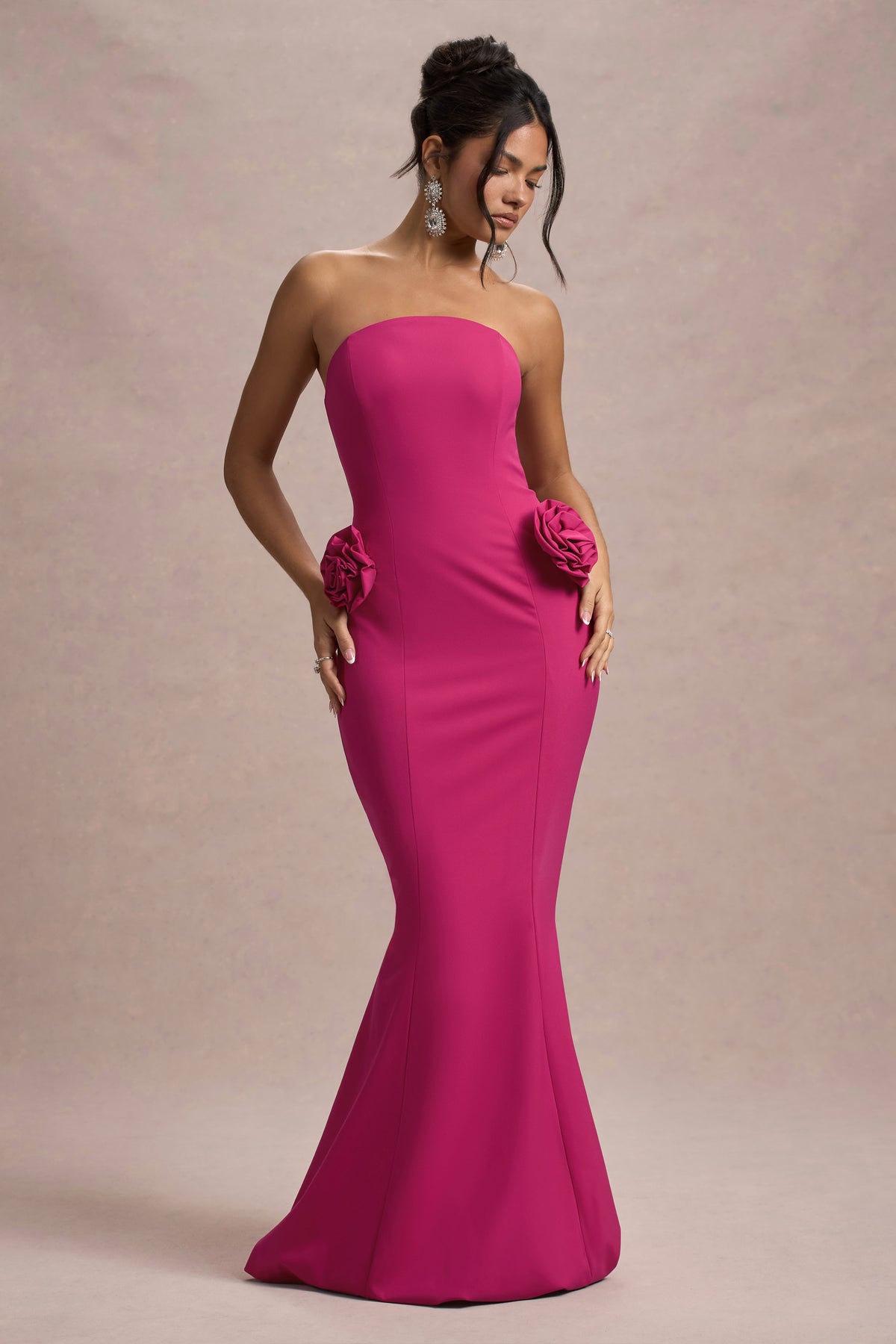 Best Of The Best Dark Pink Strapless Fishtail Maxi Dress With Corsag Club L London - UK Best Of The Best Dark Pink Strapless Fishtail Maxi Dress With Corsag Club L London - UK