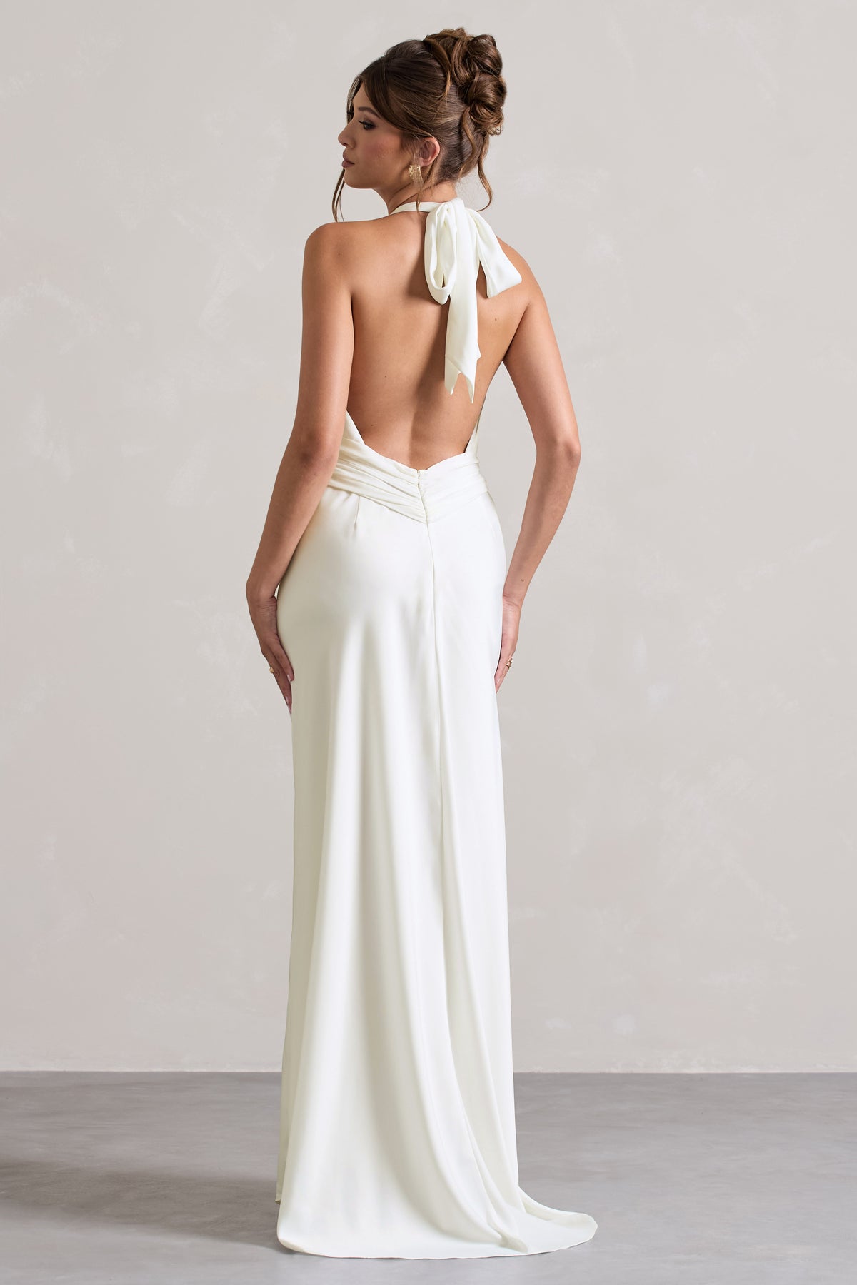 Carolyn | Ivory Satin Plunge Maxi Dress With Dipped Hem - Club L 