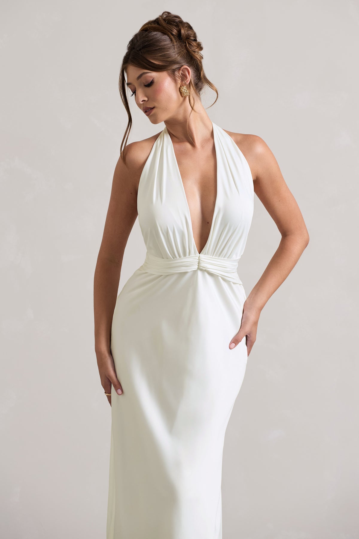 Carolyn | Ivory Satin Plunge Maxi Dress With Dipped Hem - Club L 
