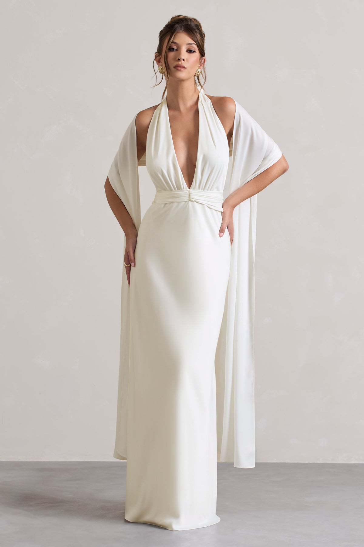 Carolyn | Ivory Satin Plunge Maxi Dress With Dipped Hem - Club L 